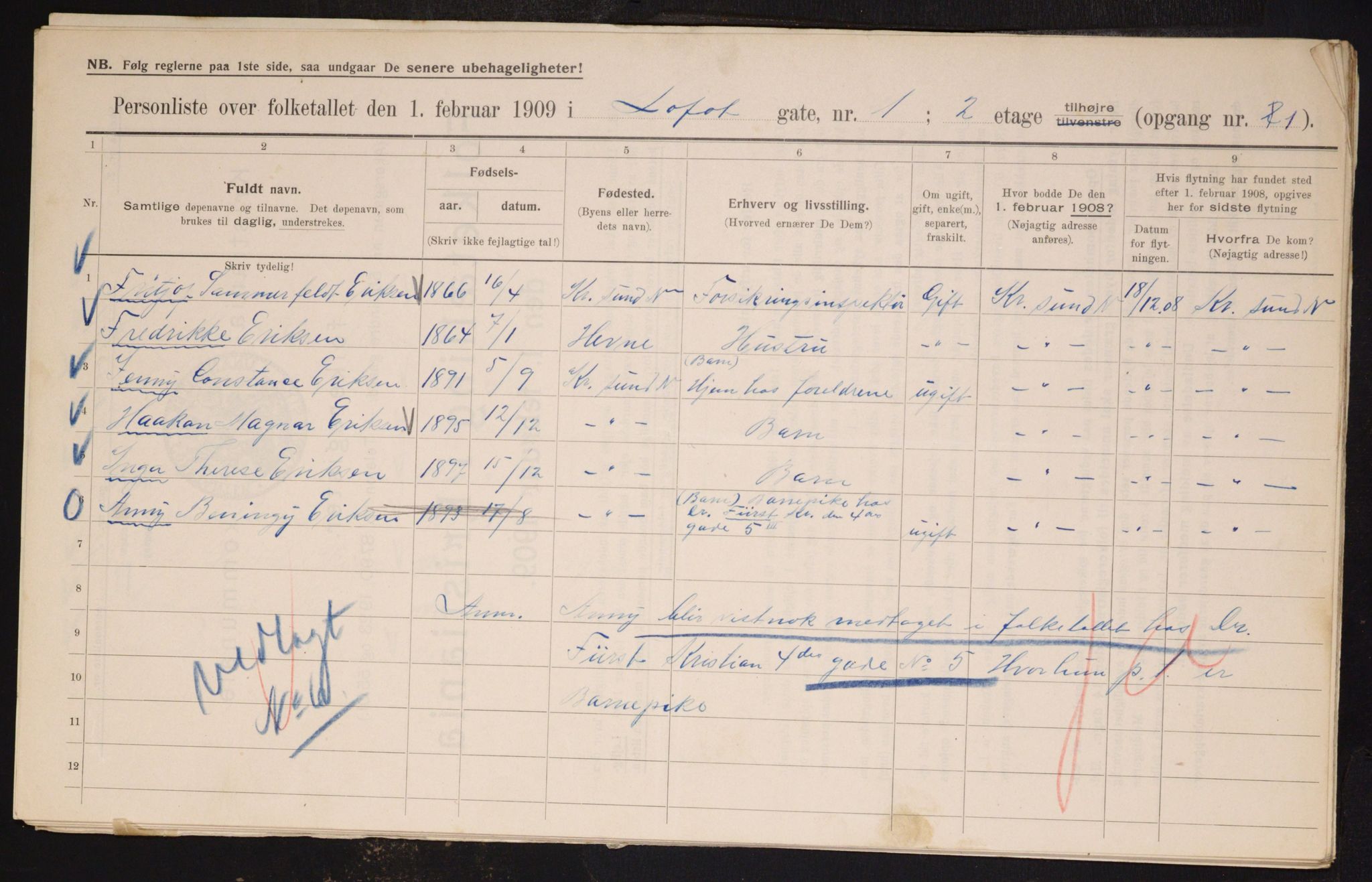 OBA, Municipal Census 1909 for Kristiania, 1909, p. 53066