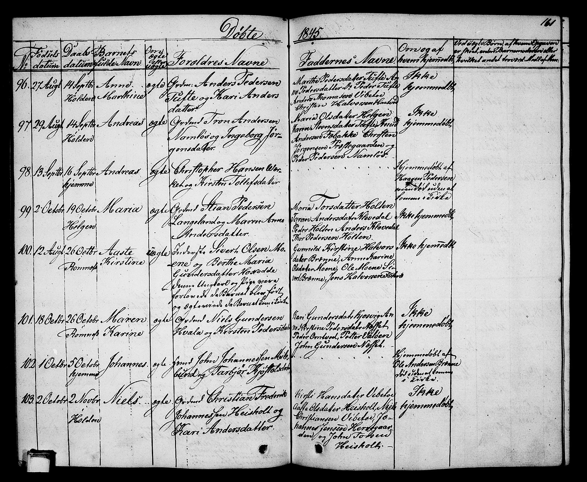 Holla kirkebøker, AV/SAKO-A-272/G/Ga/L0002: Parish register (copy) no. I 2, 1830-1848, p. 161