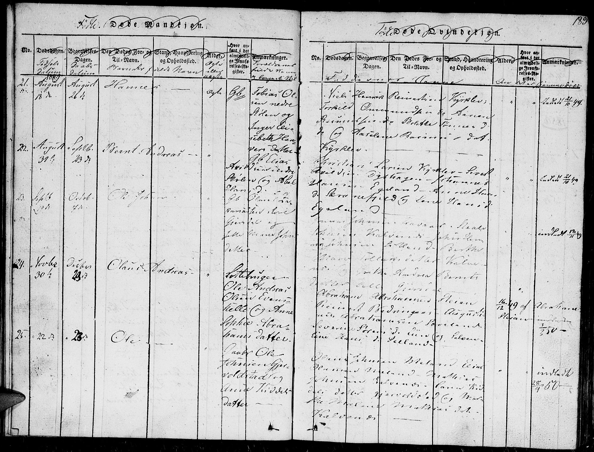 Herad sokneprestkontor, AV/SAK-1111-0018/F/Fb/Fba/L0001: Parish register (copy) no. B 1, 1815-1852, p. 183