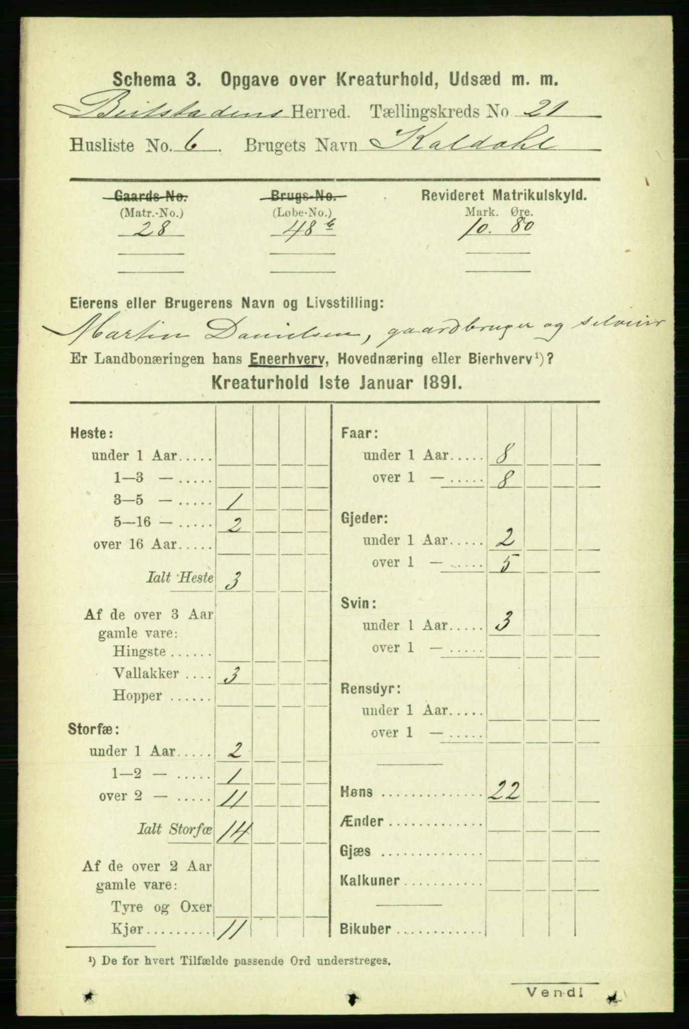 RA, 1891 census for 1727 Beitstad, 1891, p. 7011