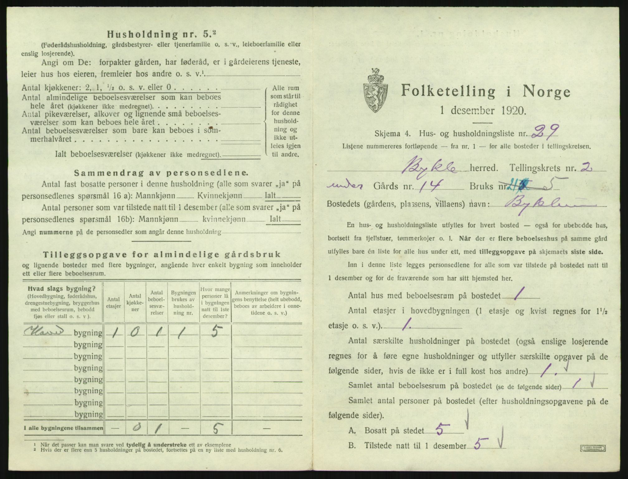 SAK, 1920 census for Bykle, 1920, p. 133