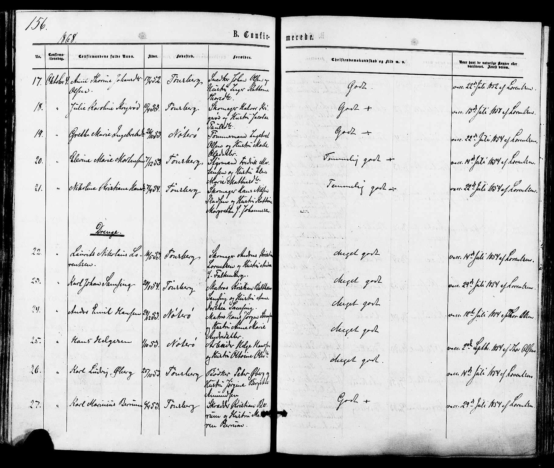 Tønsberg kirkebøker, AV/SAKO-A-330/F/Fa/L0009: Parish register (official) no. I 9, 1865-1873, p. 156