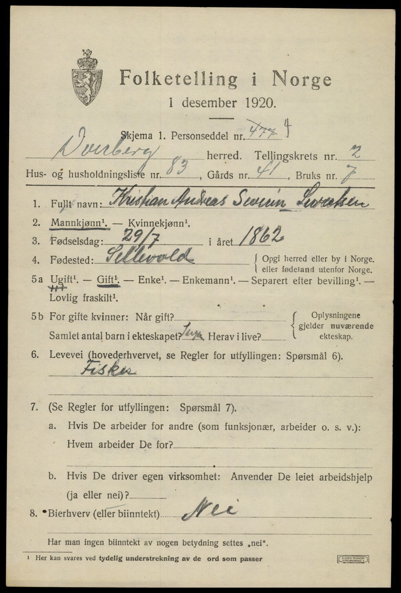 SAT, 1920 census for Dverberg, 1920, p. 3650