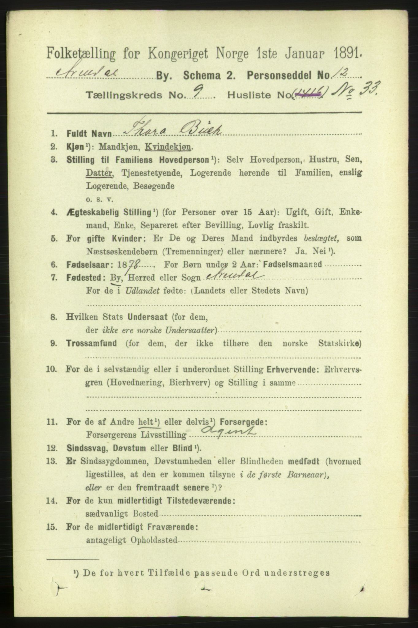 RA, 1891 census for 0903 Arendal, 1891, p. 3628