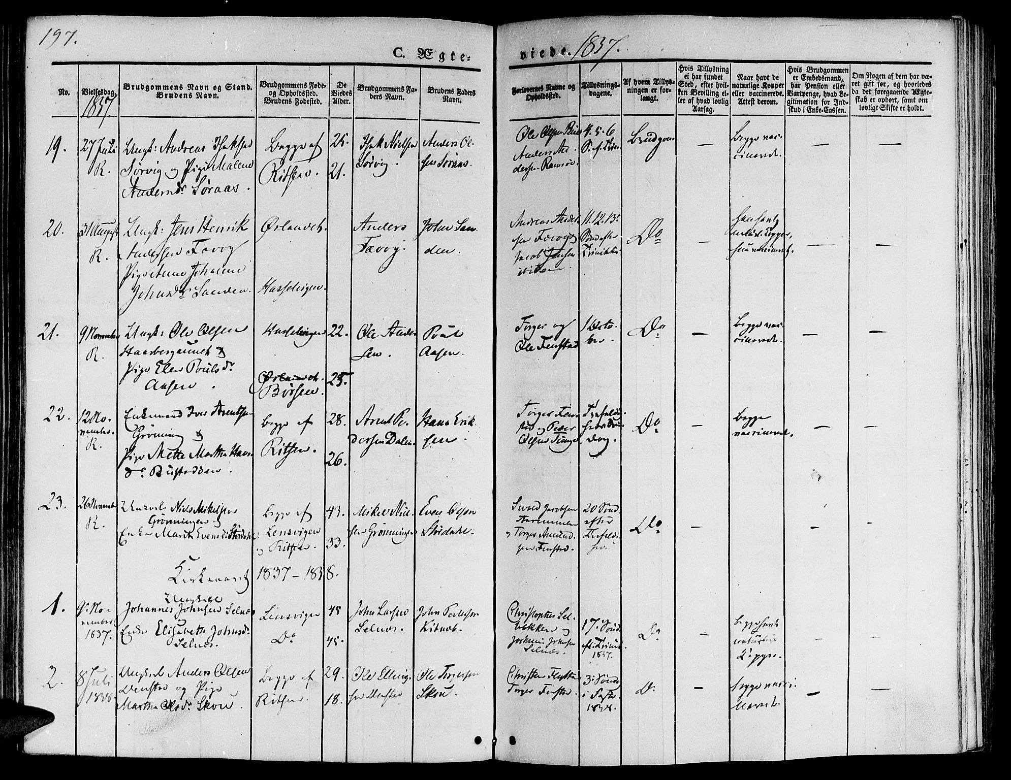 Ministerialprotokoller, klokkerbøker og fødselsregistre - Sør-Trøndelag, AV/SAT-A-1456/646/L0610: Parish register (official) no. 646A08, 1837-1847, p. 197
