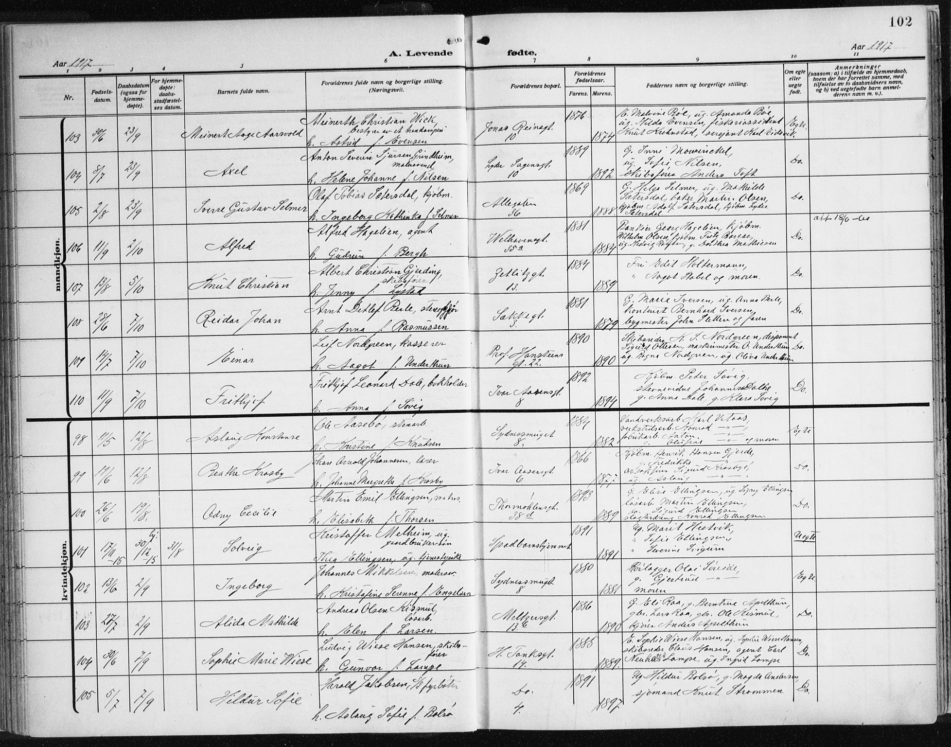 Johanneskirken sokneprestembete, AV/SAB-A-76001/H/Haa: Parish register (official) no. A 3, 1913-1934, p. 102