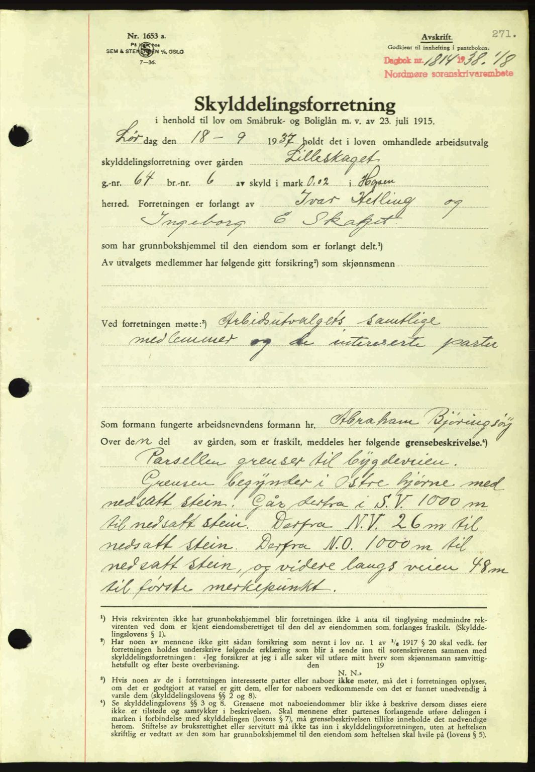 Nordmøre sorenskriveri, SAT/A-4132/1/2/2Ca: Mortgage book no. A84, 1938-1938, Diary no: : 1814/1938