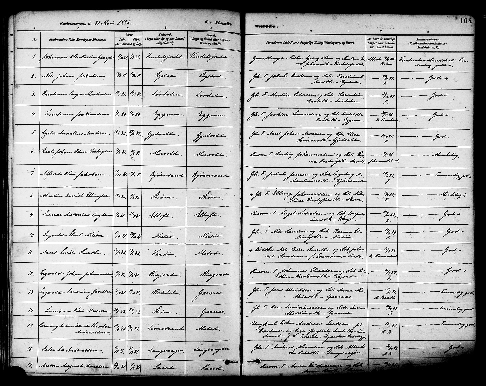 Ministerialprotokoller, klokkerbøker og fødselsregistre - Nordland, SAT/A-1459/880/L1133: Parish register (official) no. 880A07, 1888-1898, p. 164