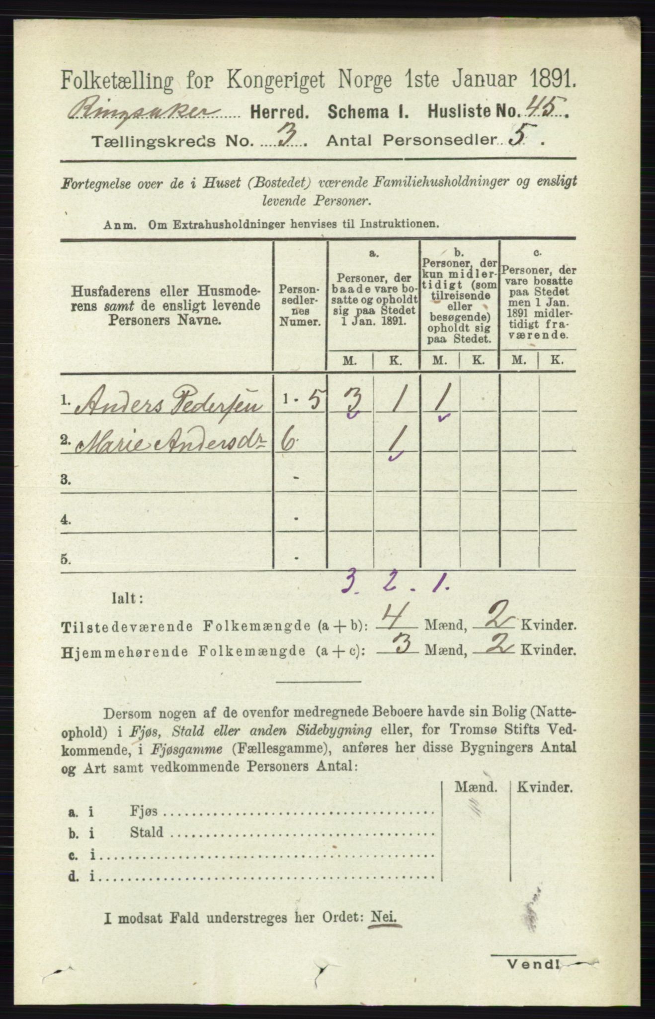 RA, 1891 census for 0412 Ringsaker, 1891, p. 1206