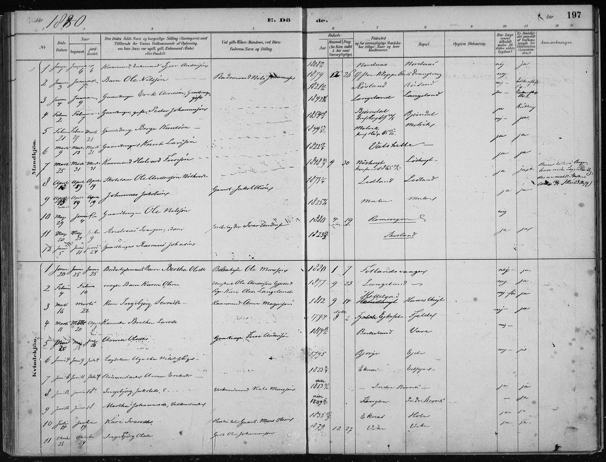 Hosanger sokneprestembete, AV/SAB-A-75801/H/Haa: Parish register (official) no. B  1, 1880-1896, p. 197