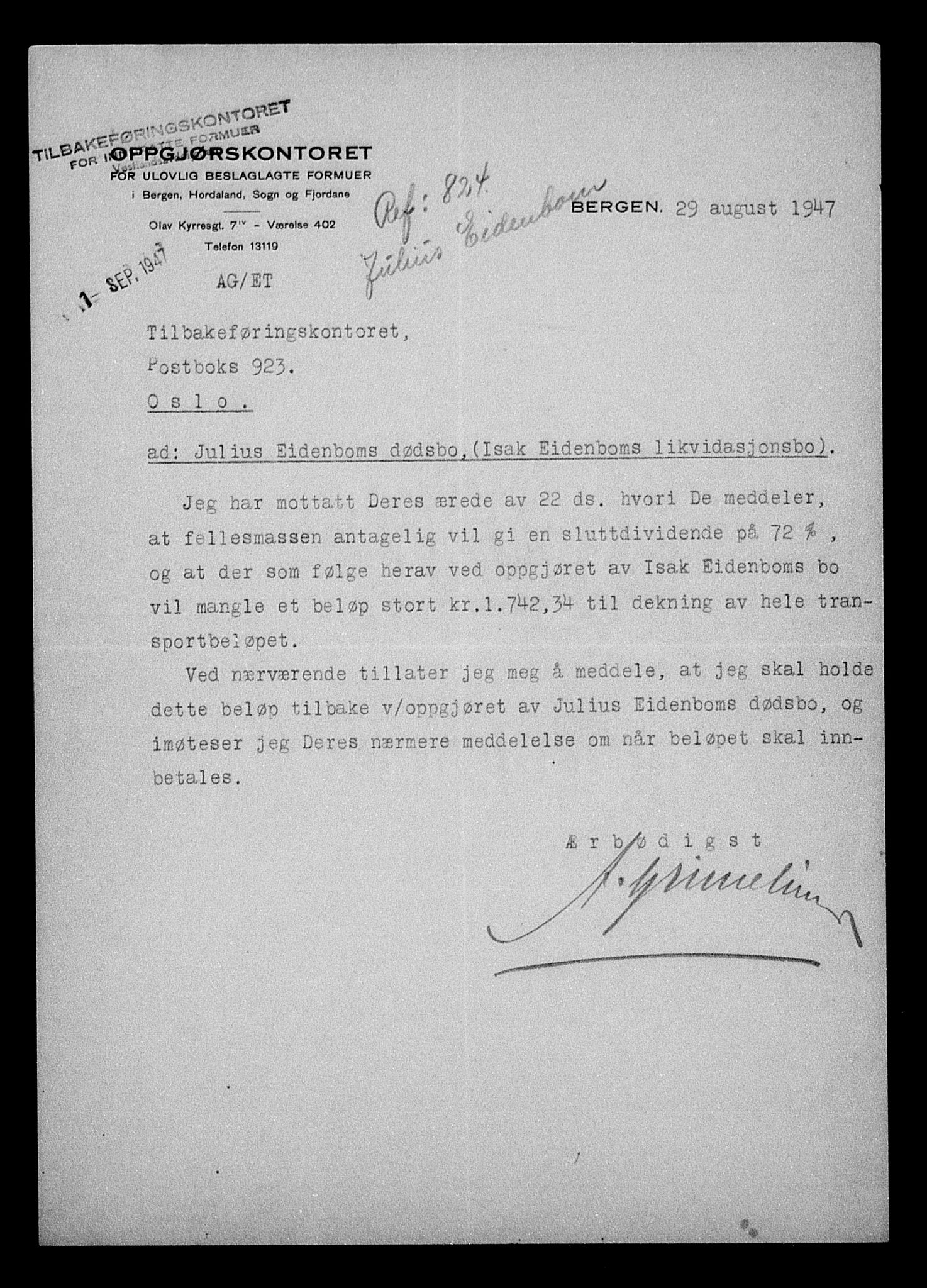 Justisdepartementet, Tilbakeføringskontoret for inndratte formuer, AV/RA-S-1564/H/Hc/Hcd/L0995: --, 1945-1947, p. 9