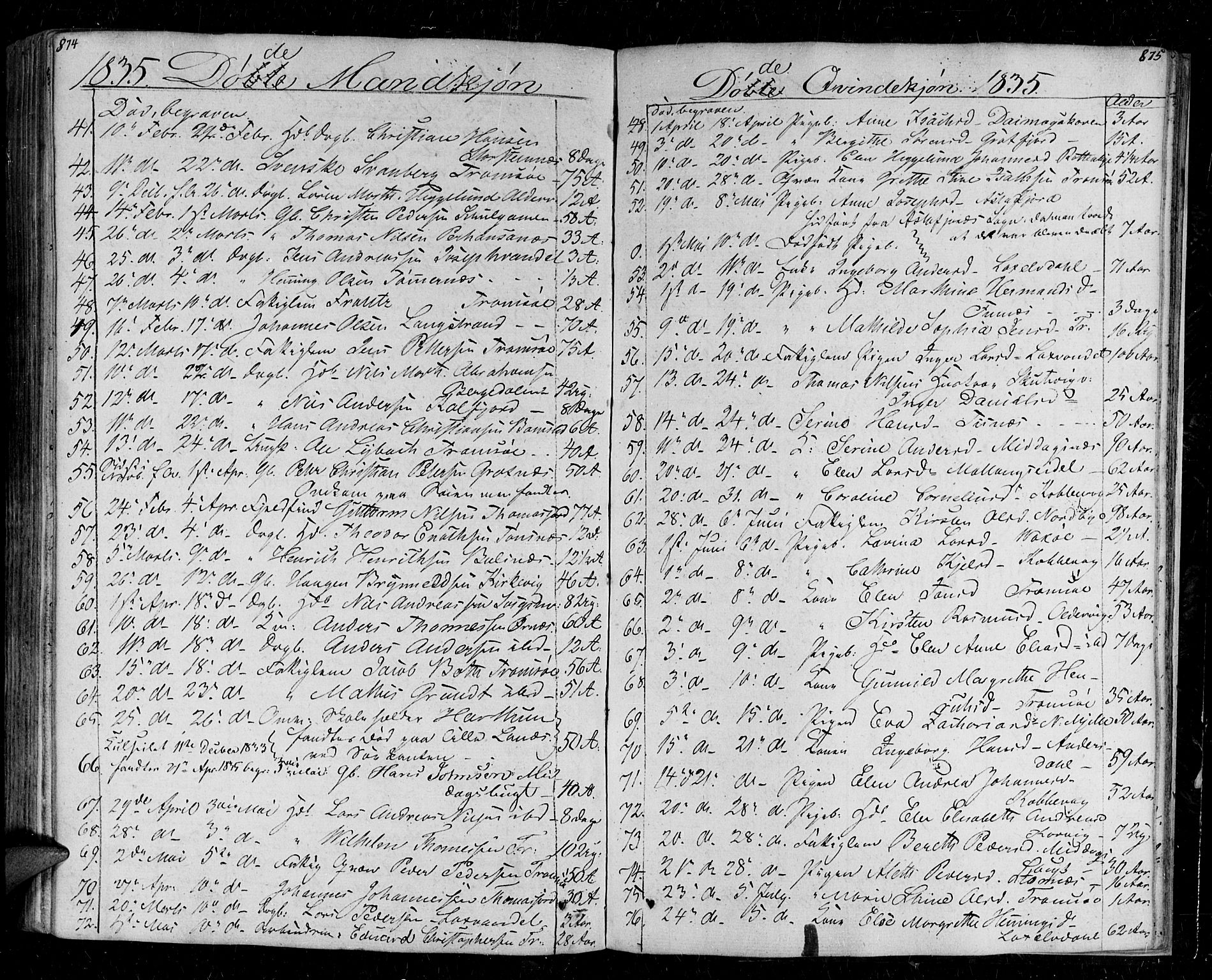 Tromsø sokneprestkontor/stiftsprosti/domprosti, SATØ/S-1343/G/Ga/L0008kirke: Parish register (official) no. 8, 1829-1837, p. 874-875