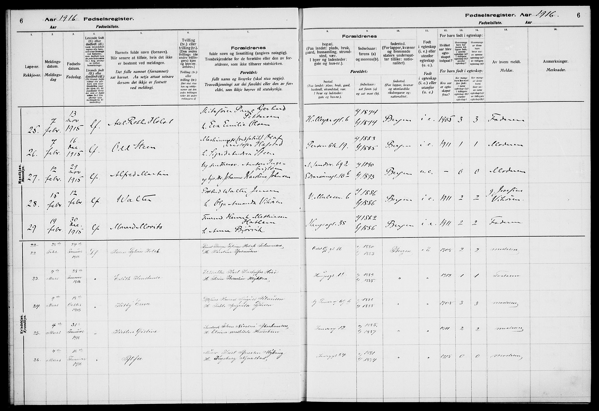 Sandviken Sokneprestembete, SAB/A-77601/I/Ib/L00A1: Birth register no. A 1, 1915-1920, p. 6