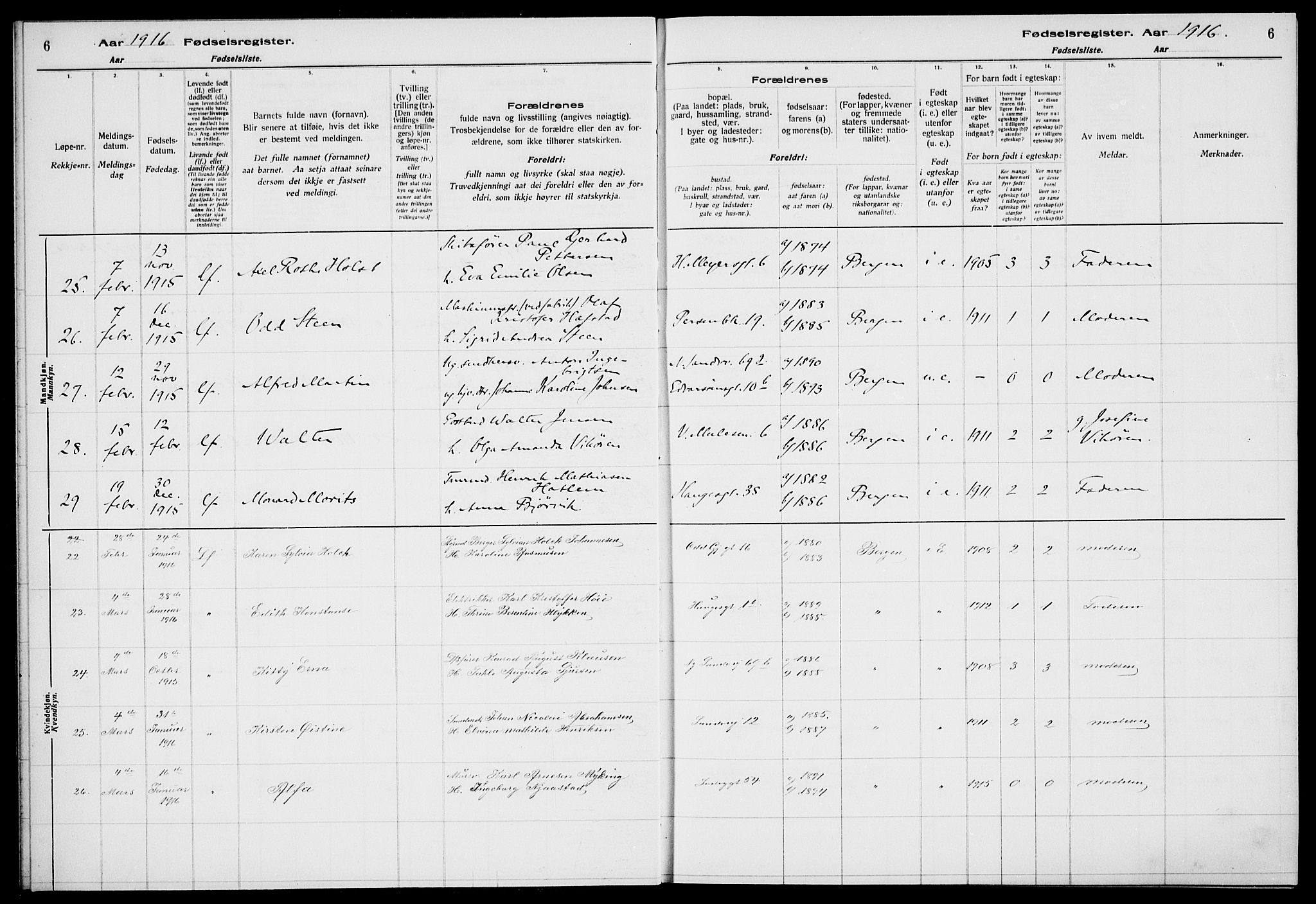 Sandviken Sokneprestembete, AV/SAB-A-77601/I/Ib/L00A1: Birth register no. A 1, 1915-1920, p. 6