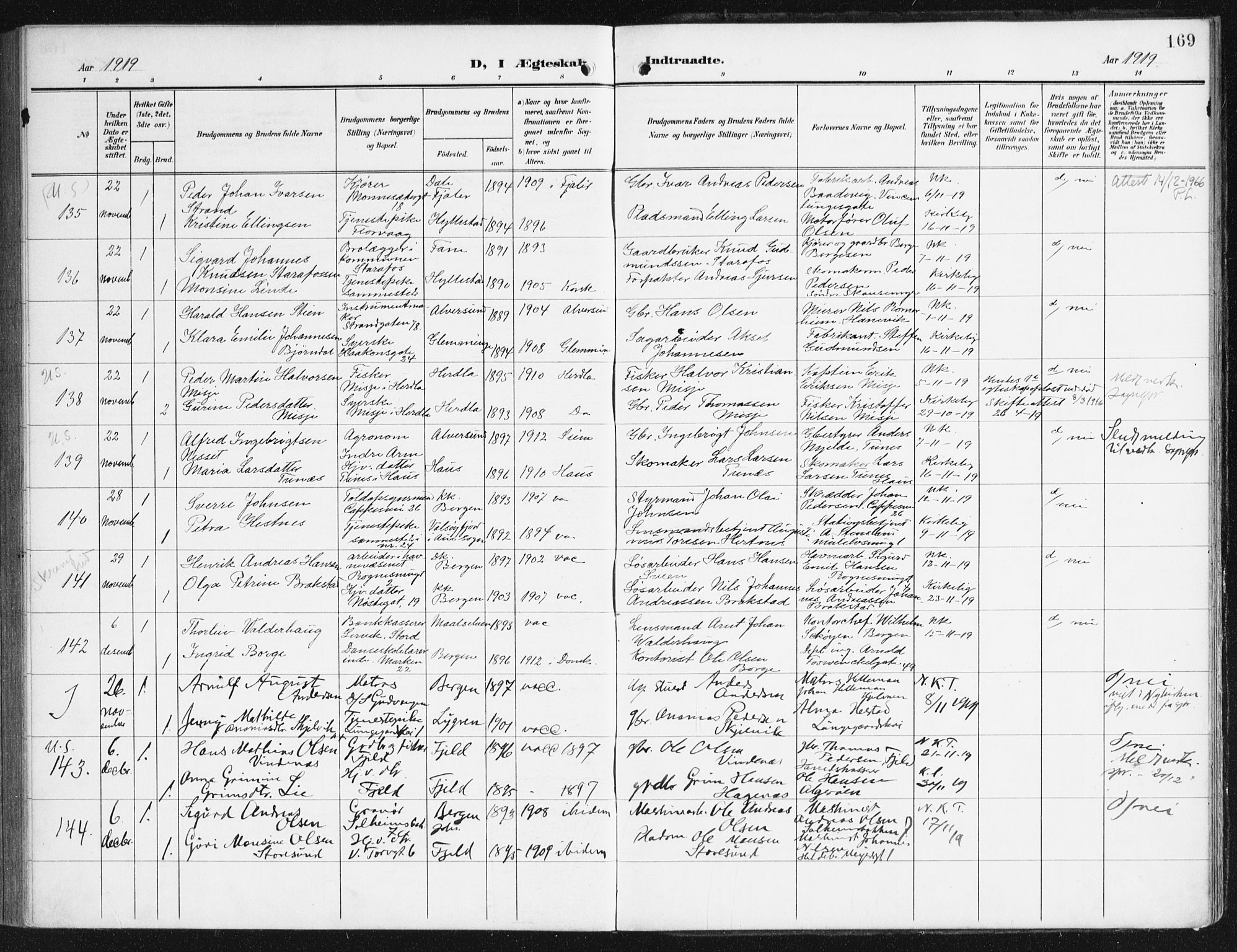 Domkirken sokneprestembete, SAB/A-74801/H/Haa/L0038: Parish register (official) no. D 5, 1906-1921, p. 169