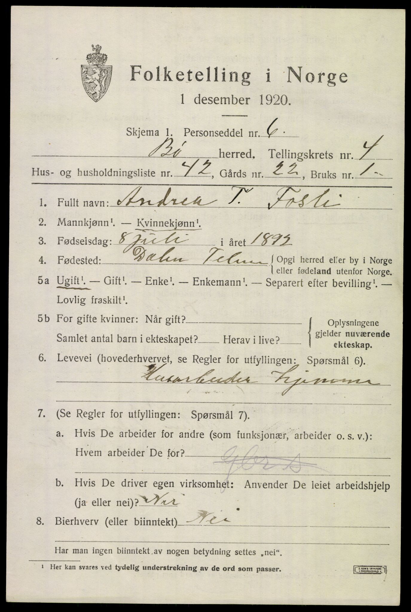 SAKO, 1920 census for Bø (Telemark), 1920, p. 3596