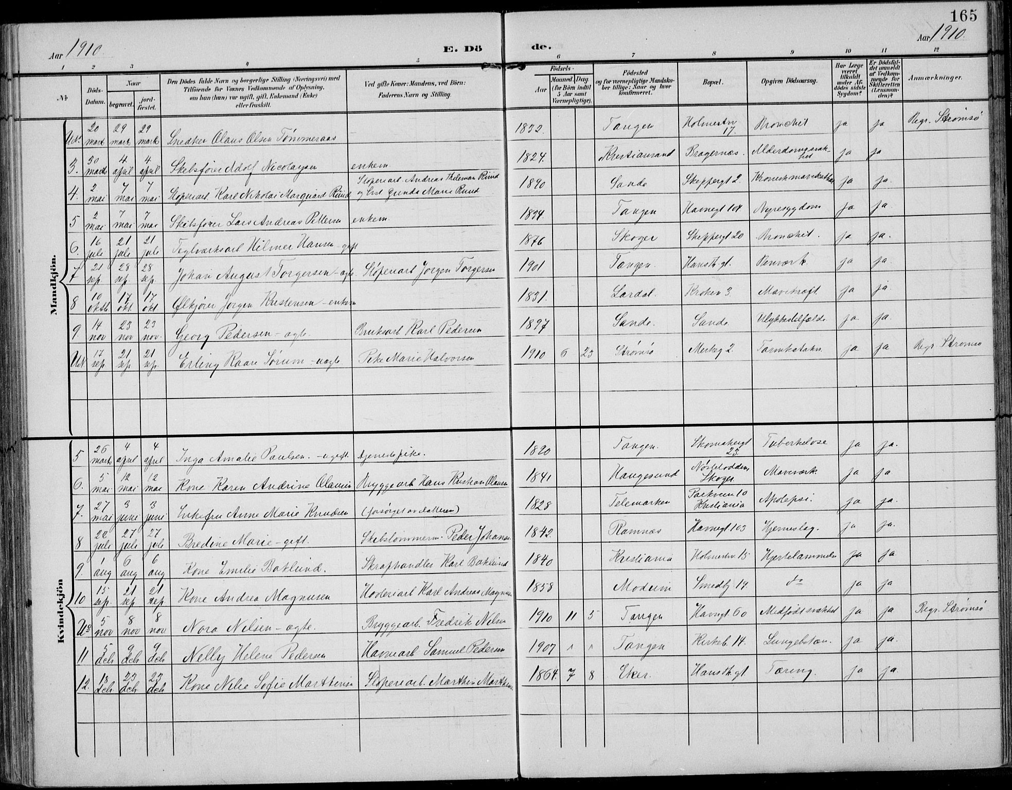 Strømsø kirkebøker, AV/SAKO-A-246/F/Fb/L0008: Parish register (official) no. II 8, 1902-1933, p. 165