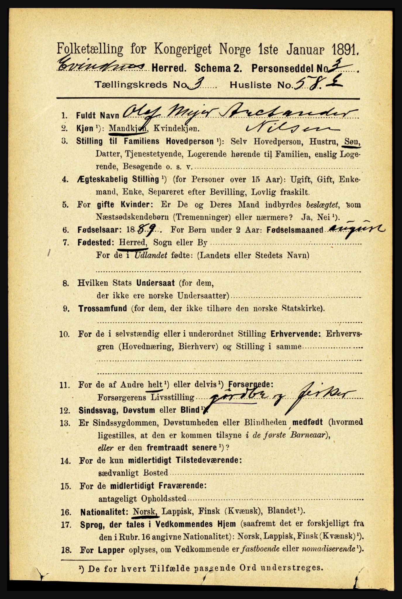 RA, 1891 census for 1853 Evenes, 1891, p. 1145