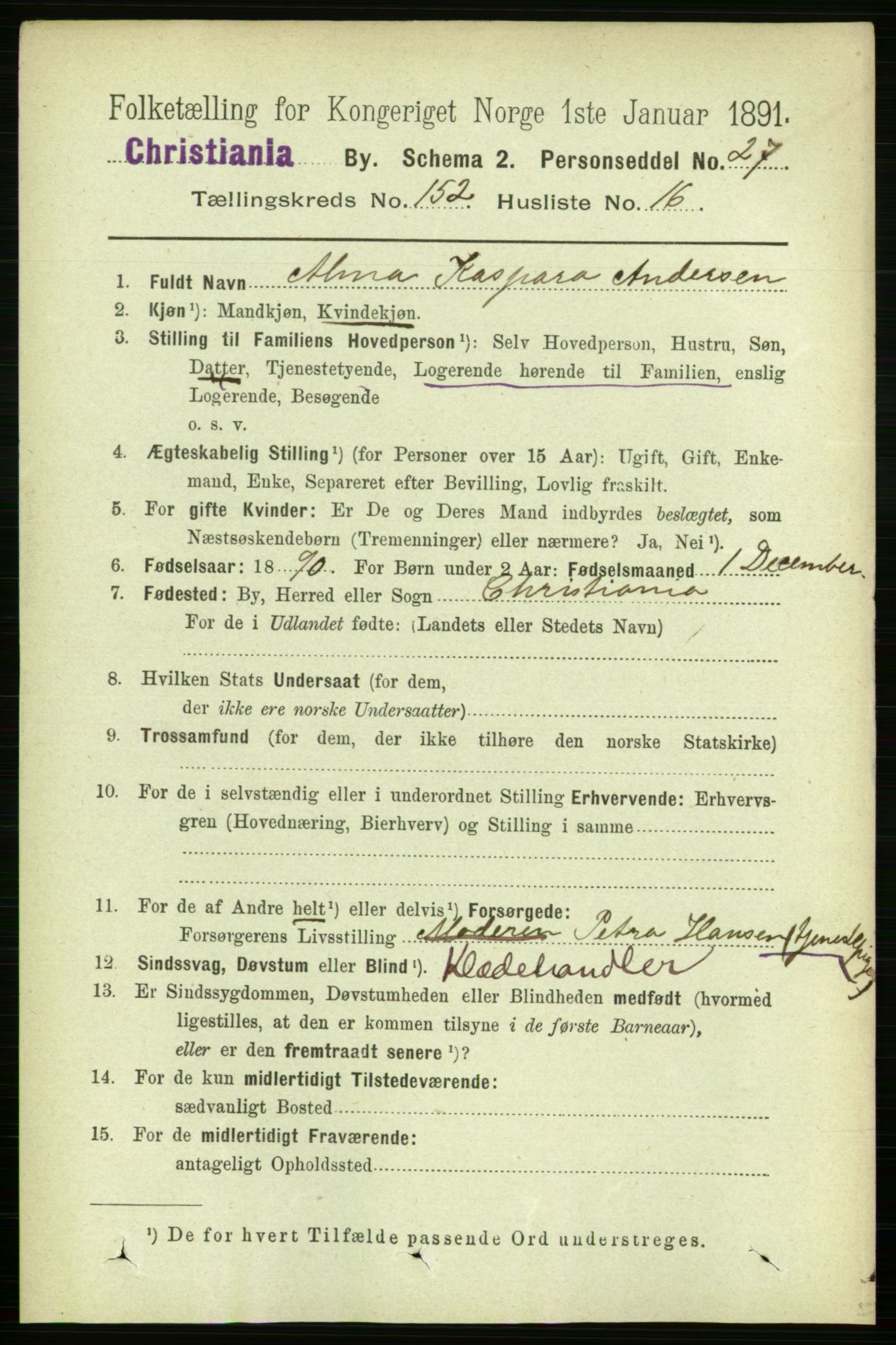 RA, 1891 census for 0301 Kristiania, 1891, p. 85735