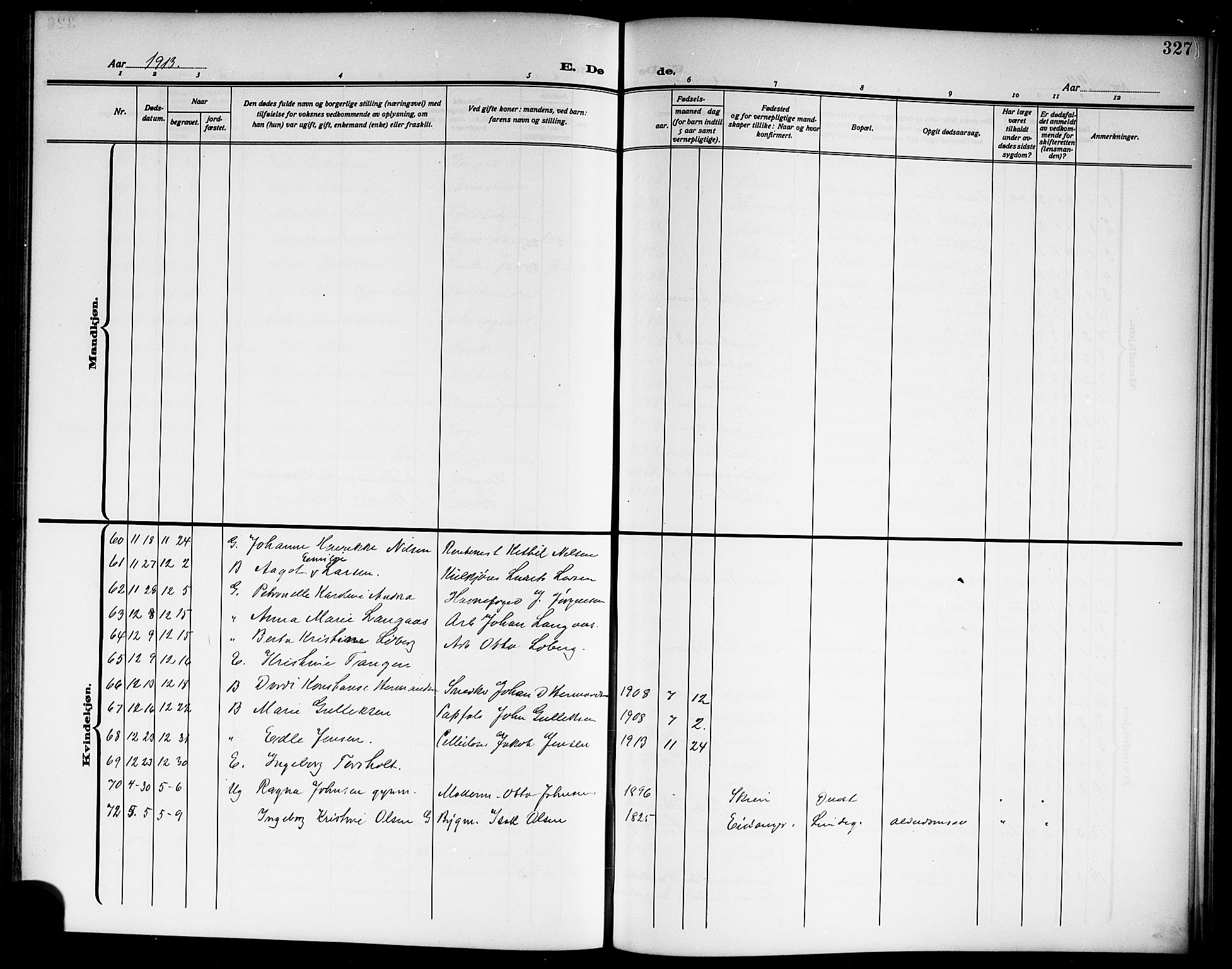 Skien kirkebøker, SAKO/A-302/G/Ga/L0009: Parish register (copy) no. 9, 1910-1920, p. 327