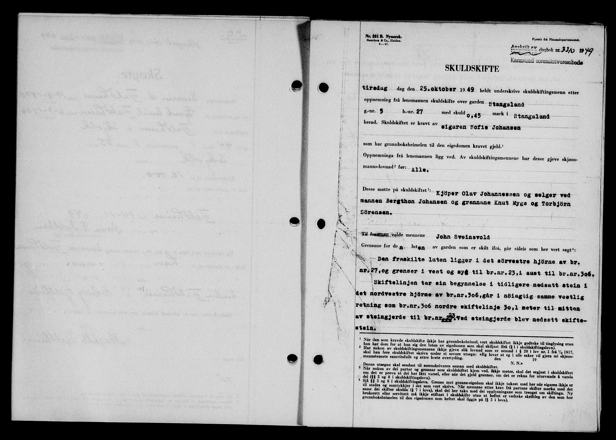 Karmsund sorenskriveri, SAST/A-100311/01/II/IIB/L0098: Mortgage book no. 78A, 1949-1950, Diary no: : 3310/1949