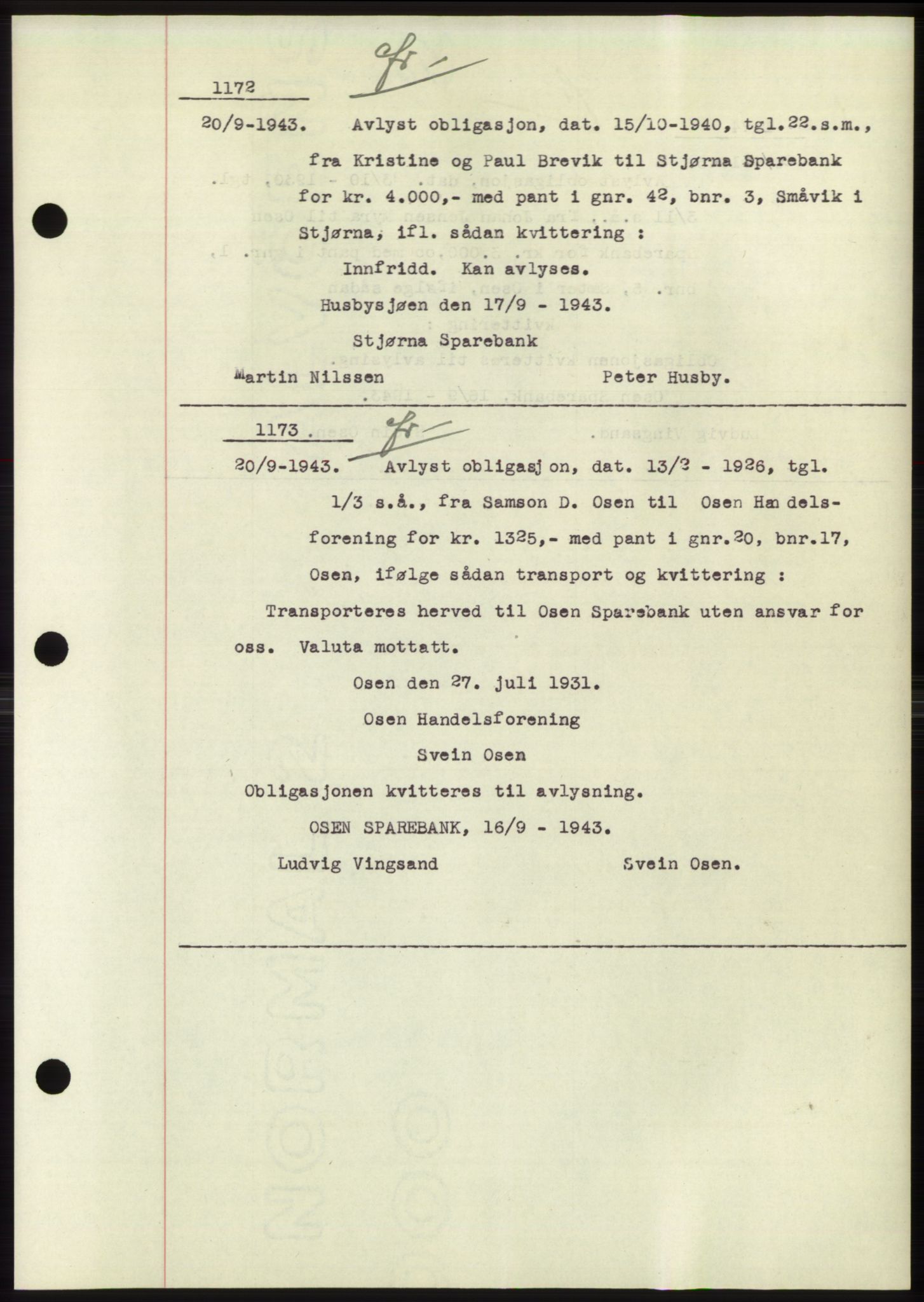Fosen sorenskriveri, AV/SAT-A-1107/1/2/2C: Mortgage book no. B1, 1943-1946, Diary no: : 1172/1943