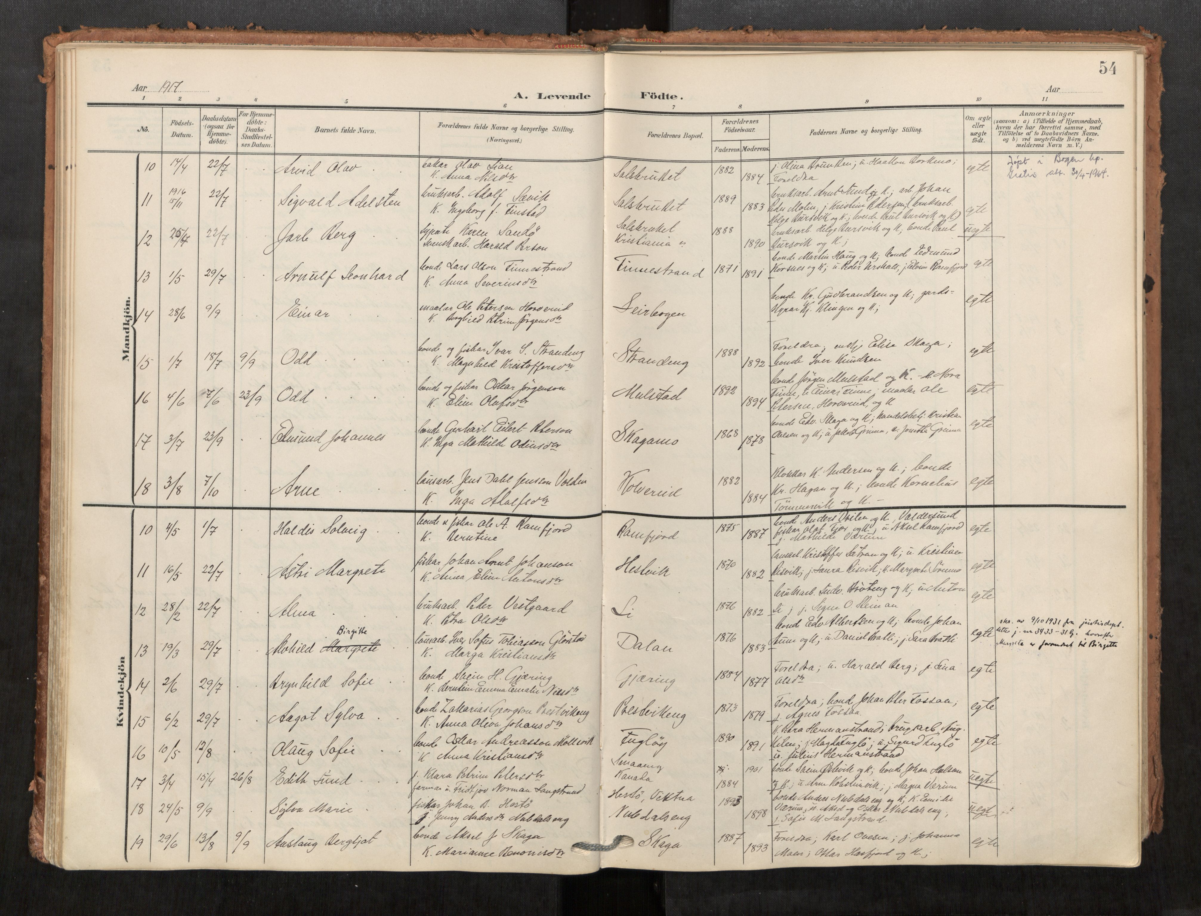 Kolvereid sokneprestkontor, SAT/A-1171/H/Ha/Haa/L0001: Parish register (official) no. 1, 1903-1922, p. 54
