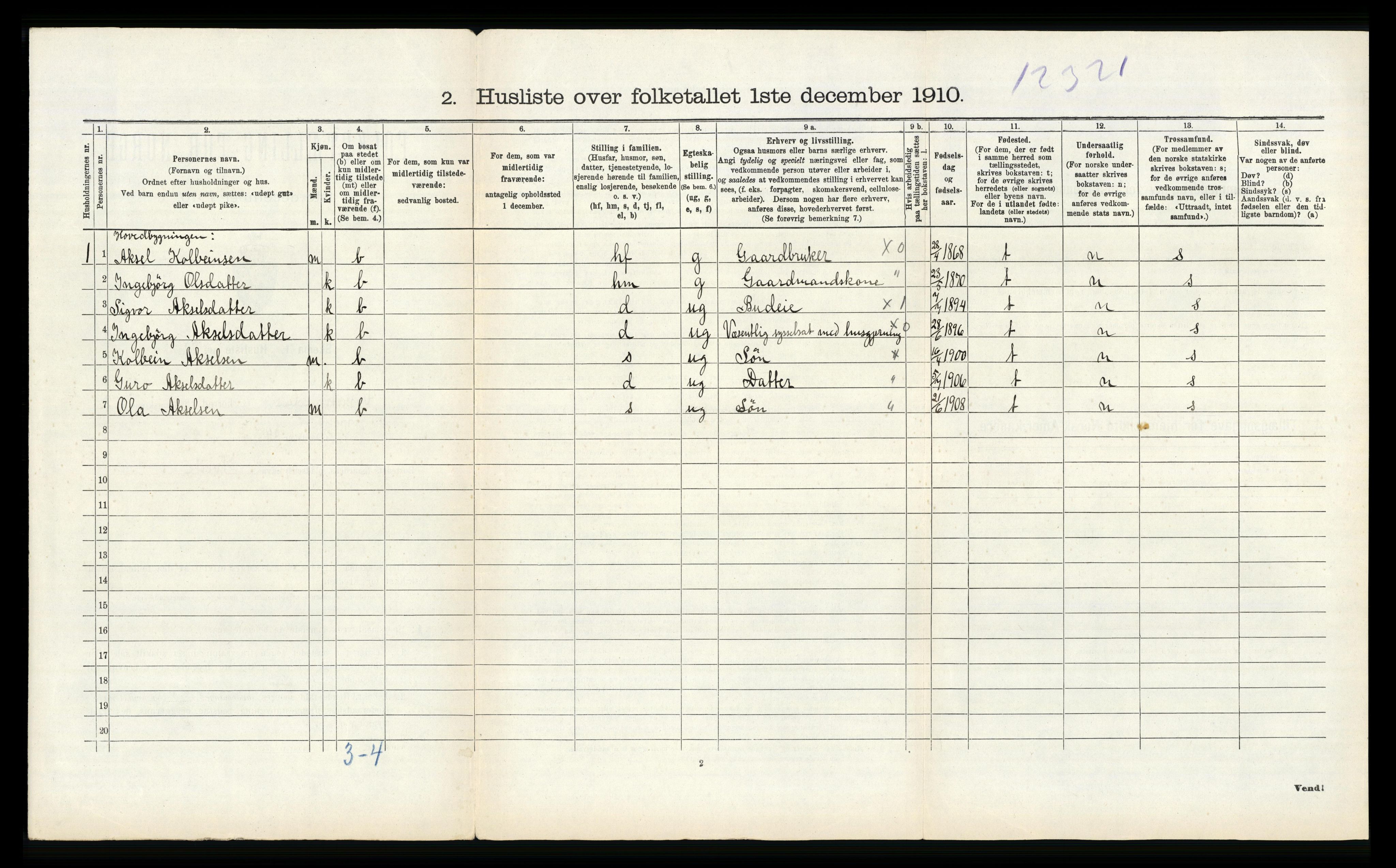 RA, 1910 census for Vossestrand, 1910, p. 344