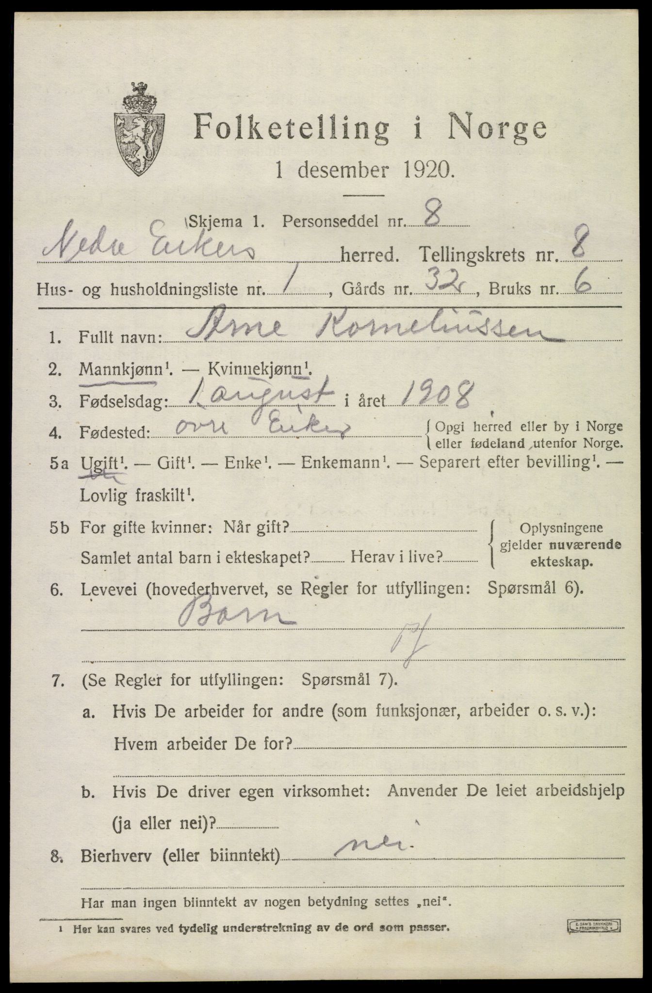 SAKO, 1920 census for Nedre Eiker, 1920, p. 8423