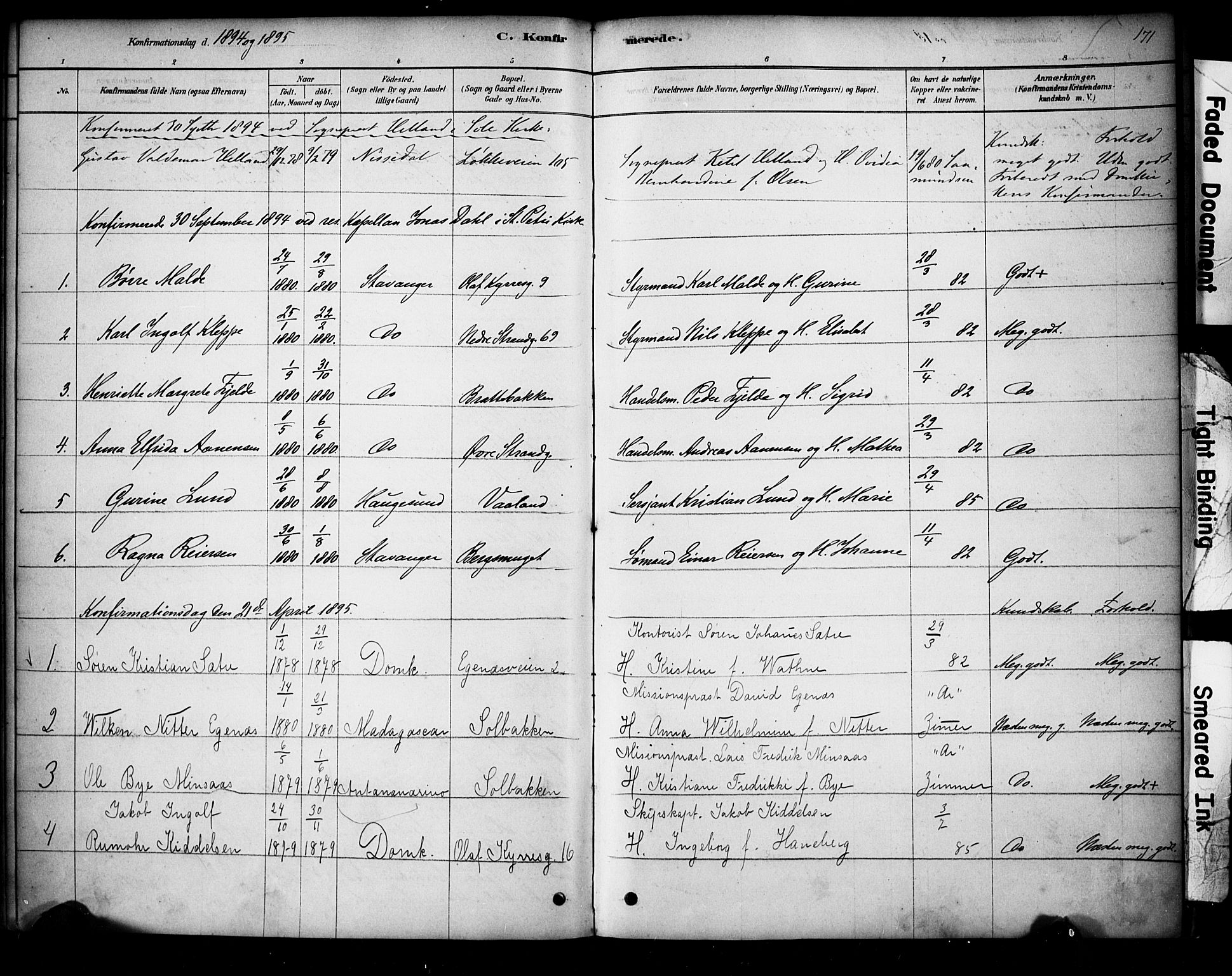 Domkirken sokneprestkontor, SAST/A-101812/001/30/30BA/L0028: Parish register (official) no. A 27, 1878-1896, p. 171