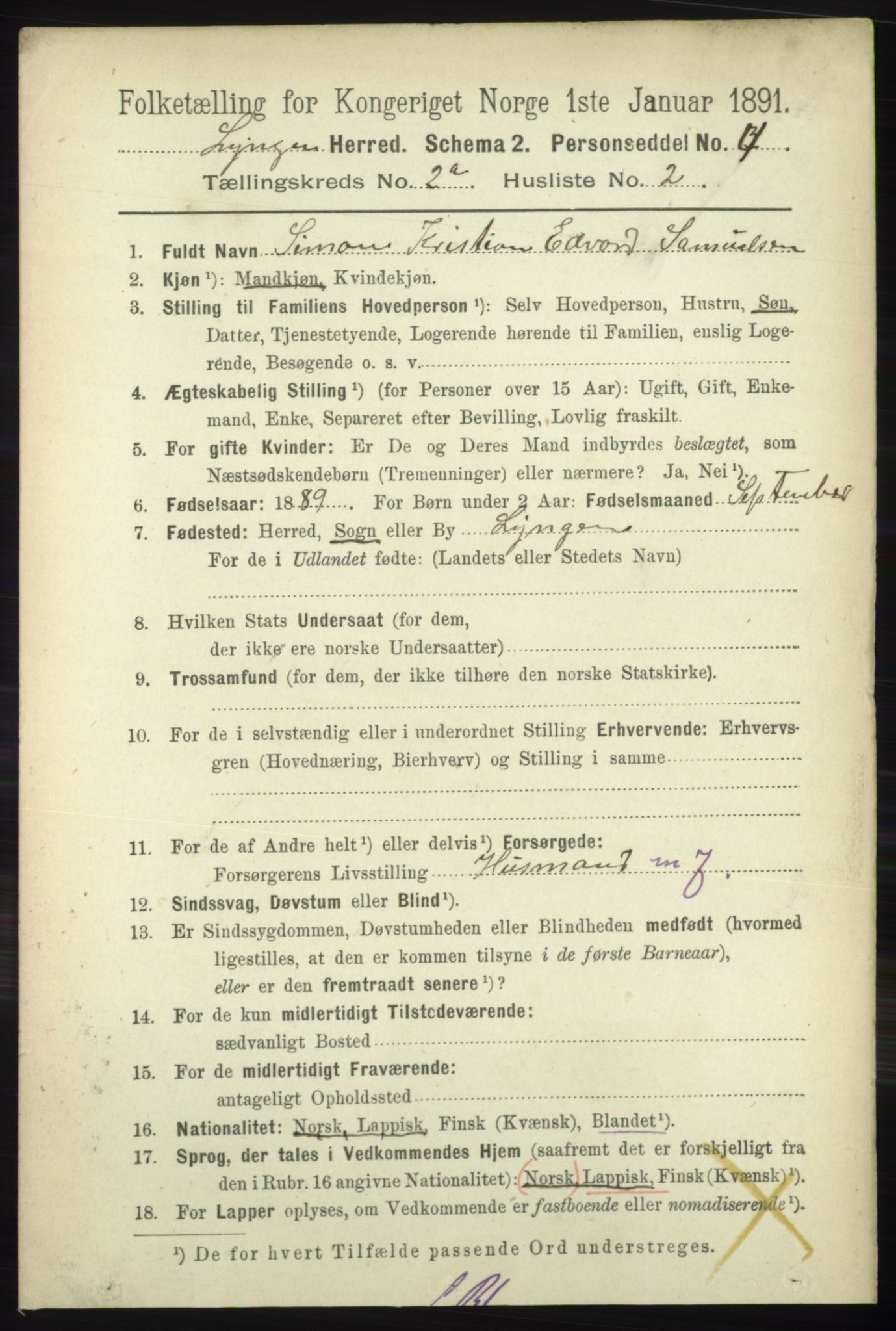 RA, 1891 census for 1938 Lyngen, 1891, p. 1984