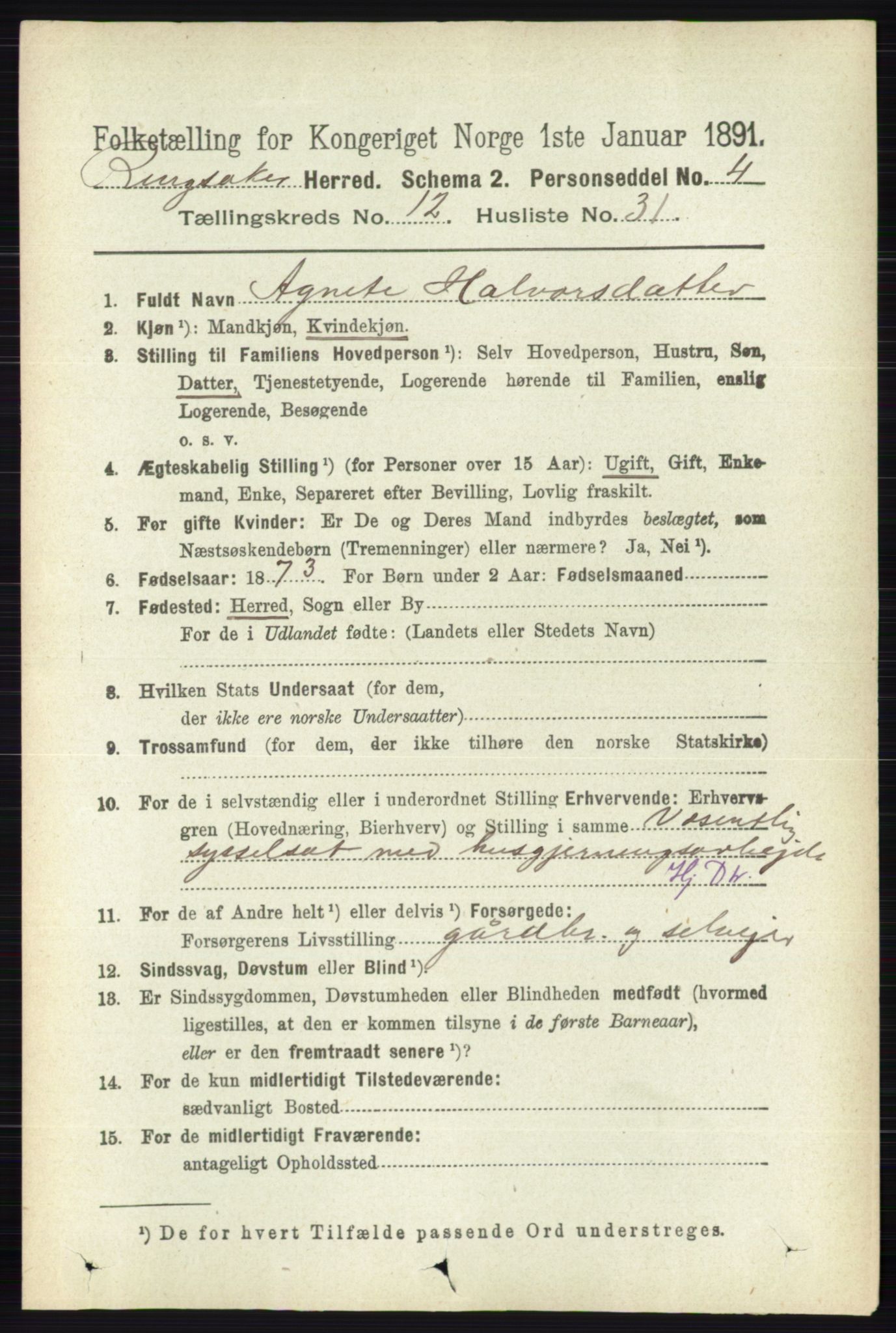 RA, 1891 census for 0412 Ringsaker, 1891, p. 6920