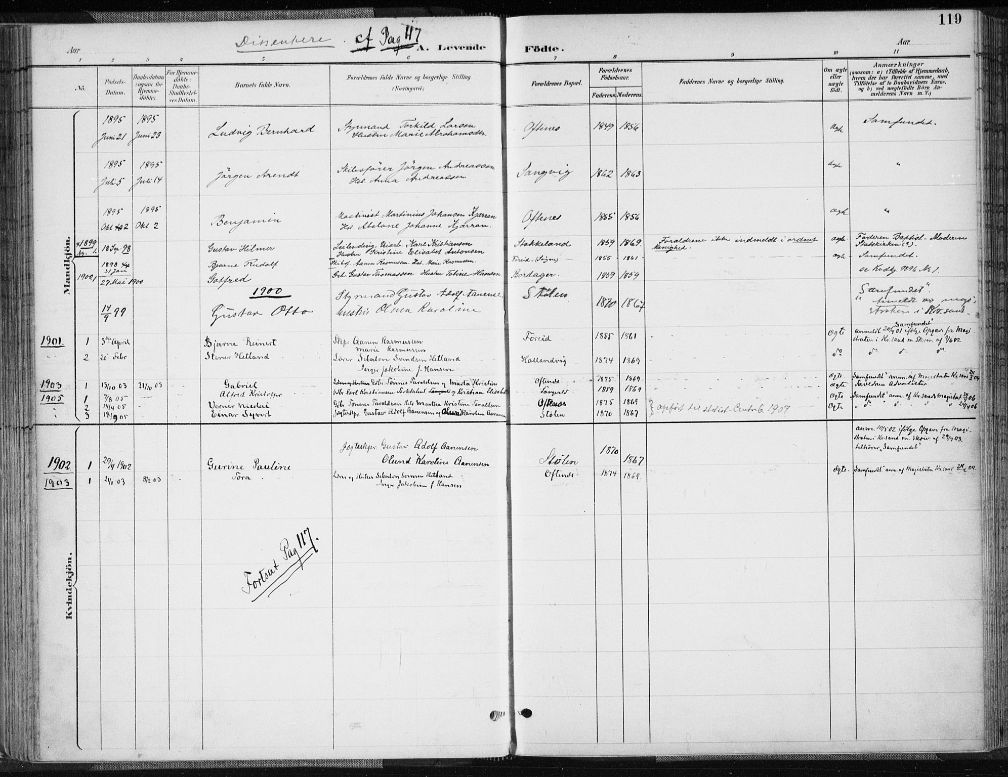 Søgne sokneprestkontor, SAK/1111-0037/F/Fa/Fab/L0013: Parish register (official) no. A 13, 1892-1911, p. 119