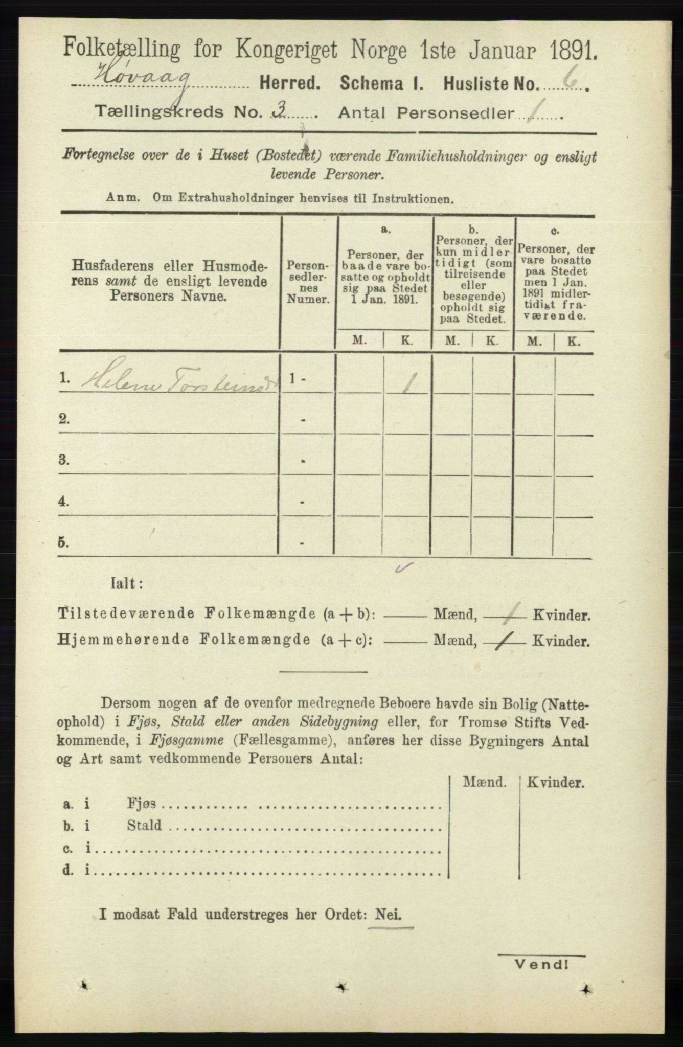 RA, 1891 census for 0927 Høvåg, 1891, p. 924