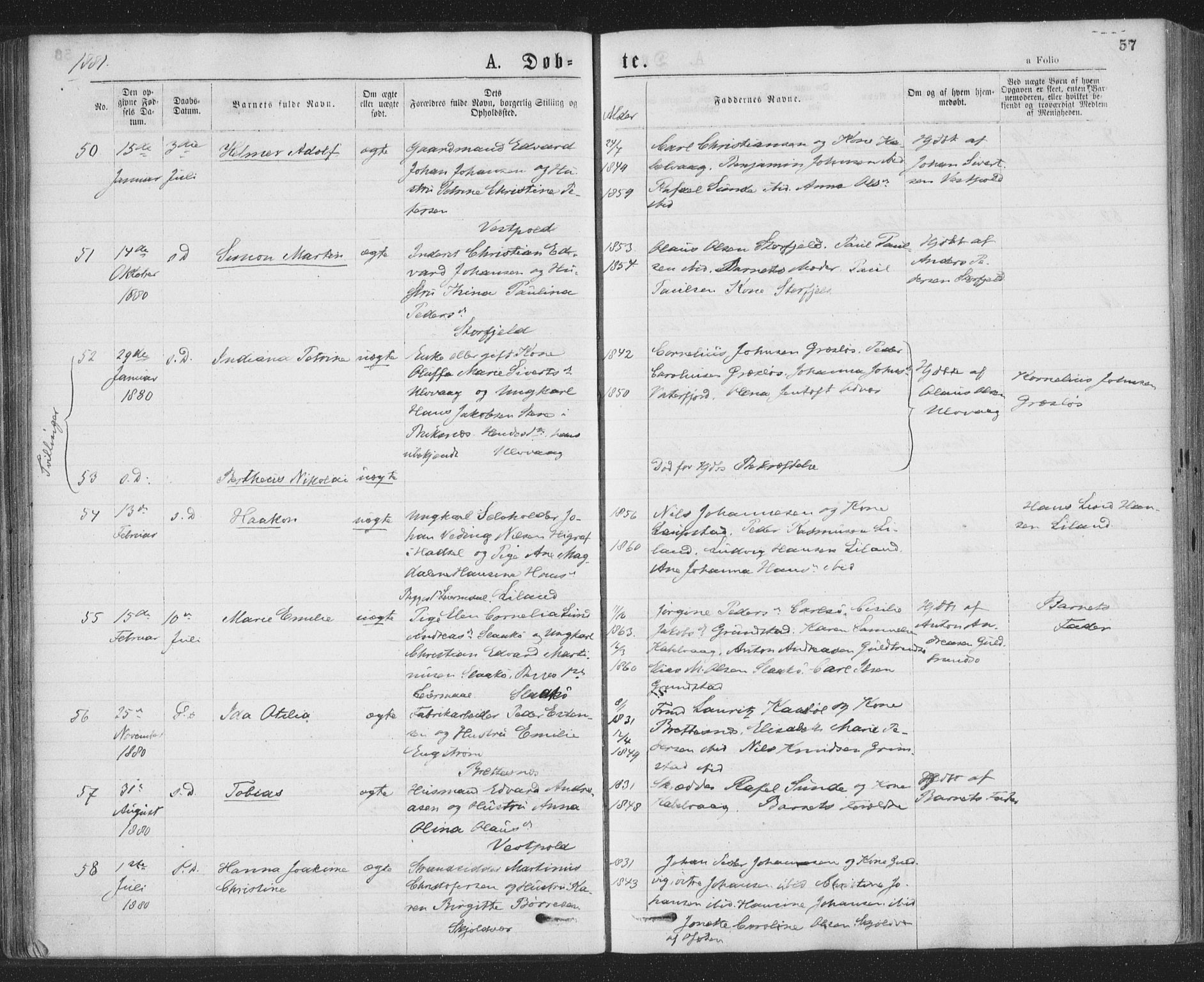Ministerialprotokoller, klokkerbøker og fødselsregistre - Nordland, SAT/A-1459/874/L1058: Parish register (official) no. 874A02, 1878-1883, p. 57