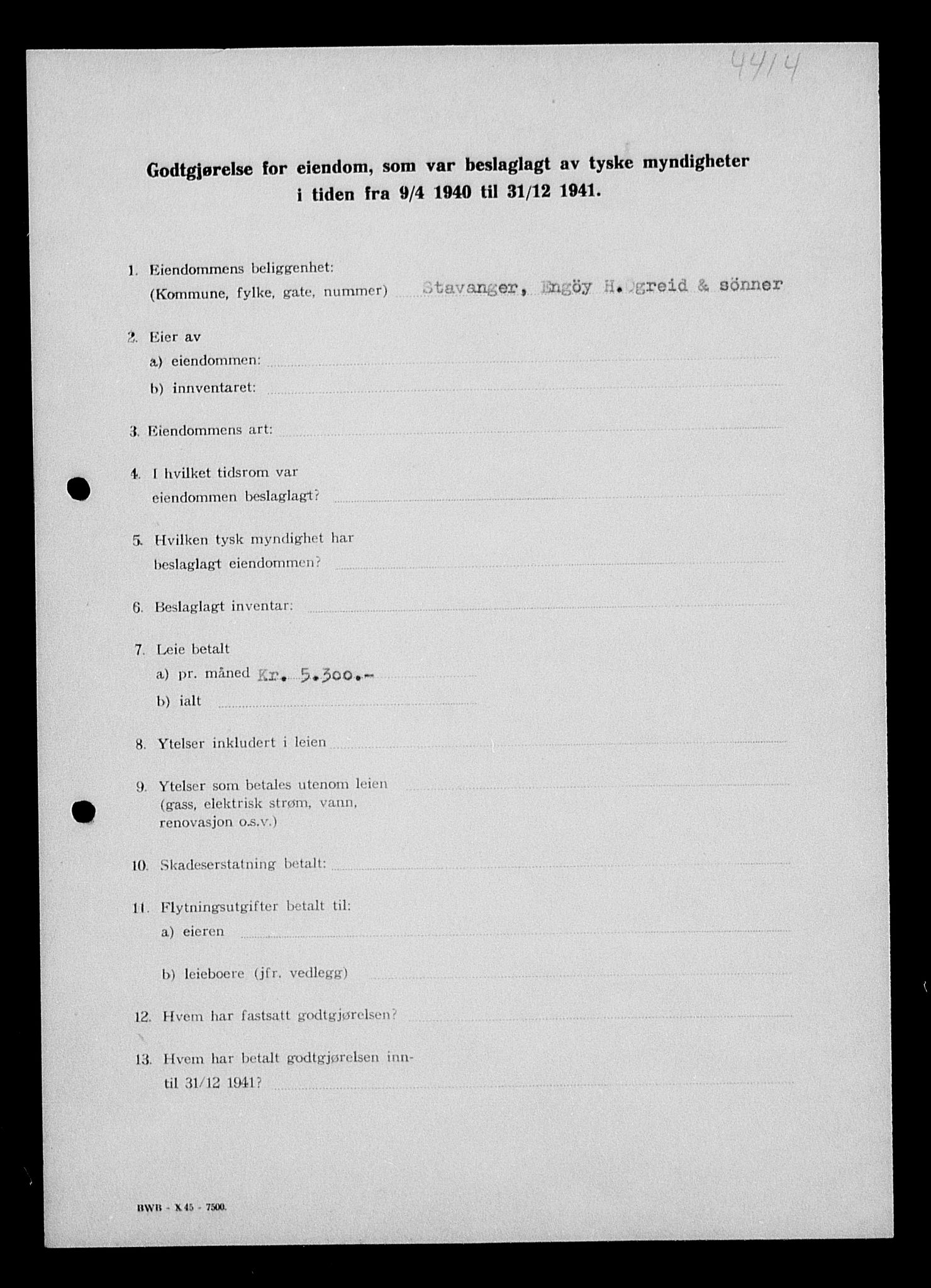 Justisdepartementet, Tilbakeføringskontoret for inndratte formuer, RA/S-1564/I/L1014: Godtgjørelse for beslaglagt eiendom, 1940-1941, p. 155