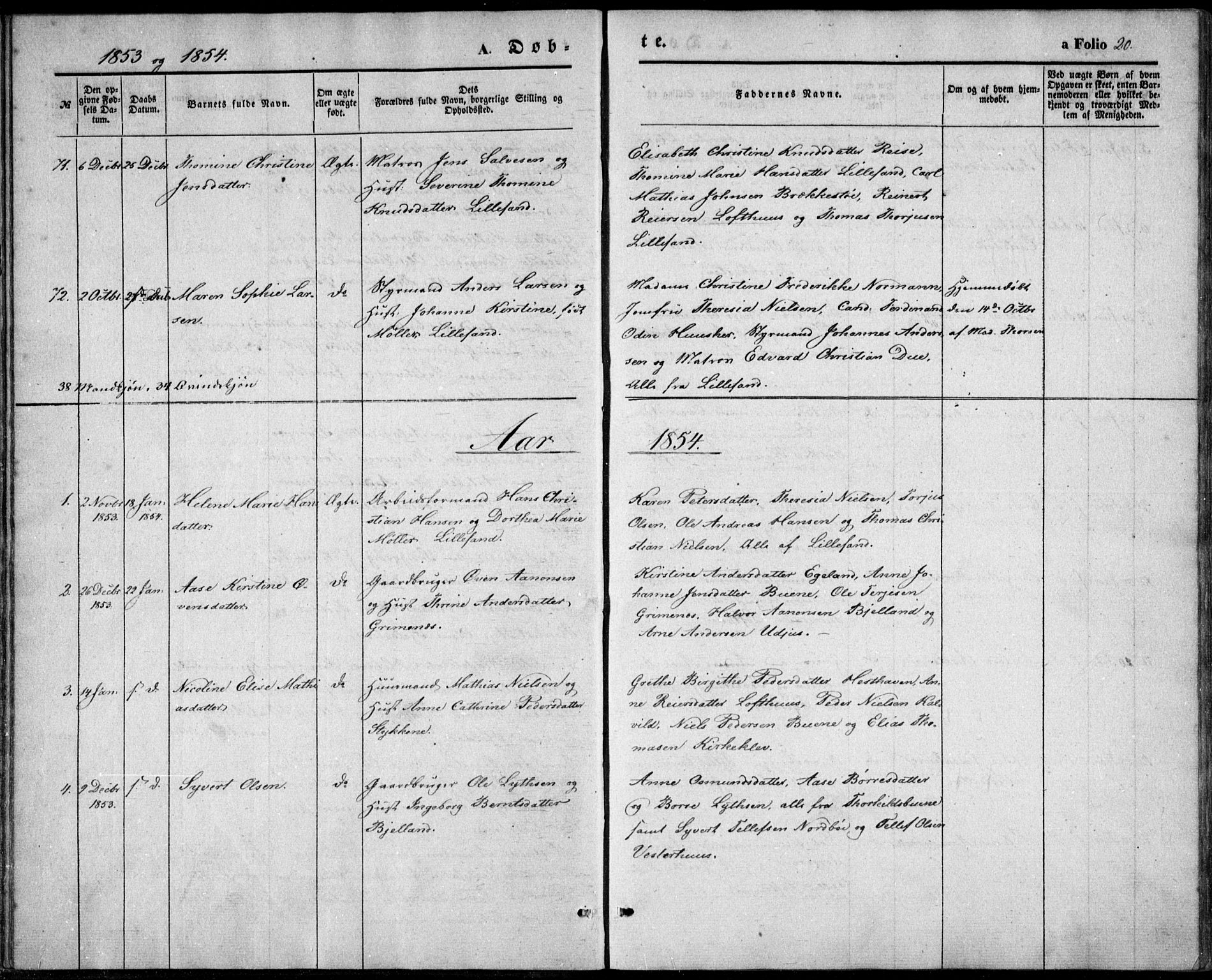 Vestre Moland sokneprestkontor, SAK/1111-0046/F/Fb/Fbb/L0003: Parish register (copy) no. B 3, 1851-1861, p. 20