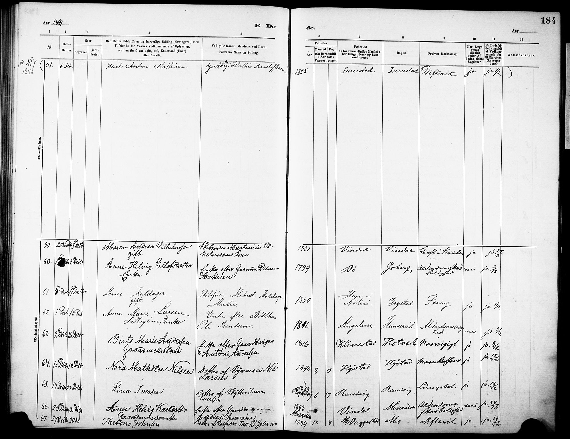 Sandar kirkebøker, AV/SAKO-A-243/F/Fa/L0013: Parish register (official) no. 13, 1883-1895, p. 184