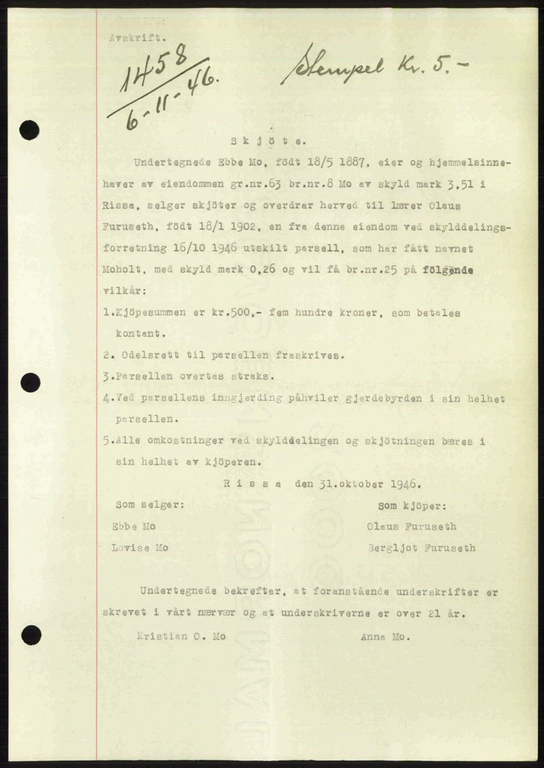 Fosen sorenskriveri, AV/SAT-A-1107/1/2/2C: Mortgage book no. A4-6, 1946-1947, Diary no: : 1458/1946