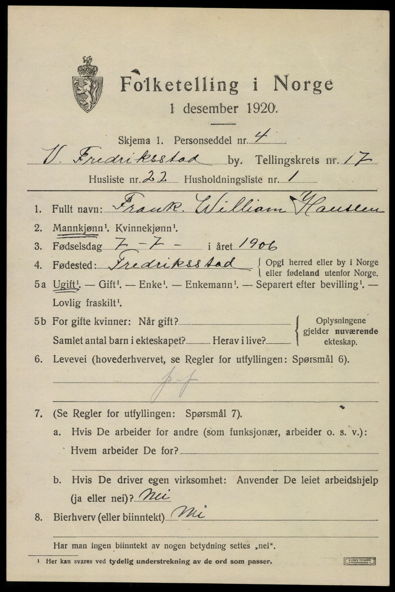 SAO, 1920 census for Fredrikstad, 1920, p. 39207