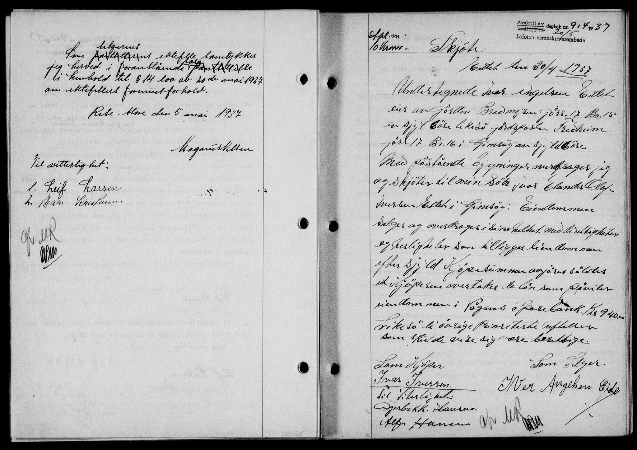 Lofoten sorenskriveri, SAT/A-0017/1/2/2C/L0002a: Mortgage book no. 2a, 1937-1937, Diary no: : 914/1937