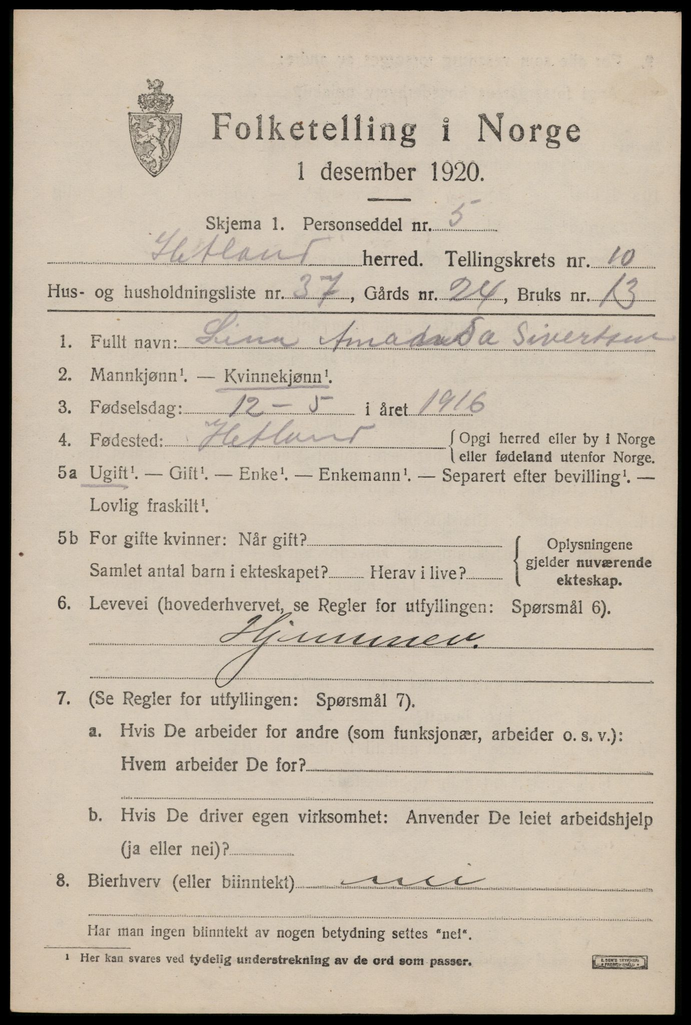 SAST, 1920 census for Hetland, 1920, p. 19391