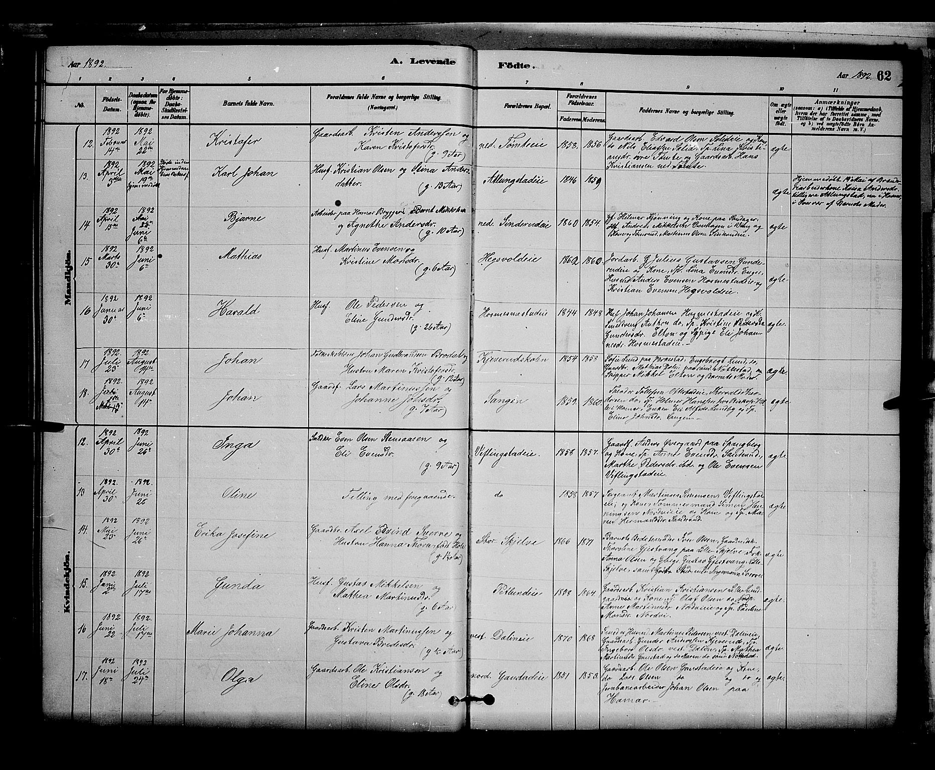 Stange prestekontor, AV/SAH-PREST-002/L/L0007: Parish register (copy) no. 7, 1880-1893, p. 62