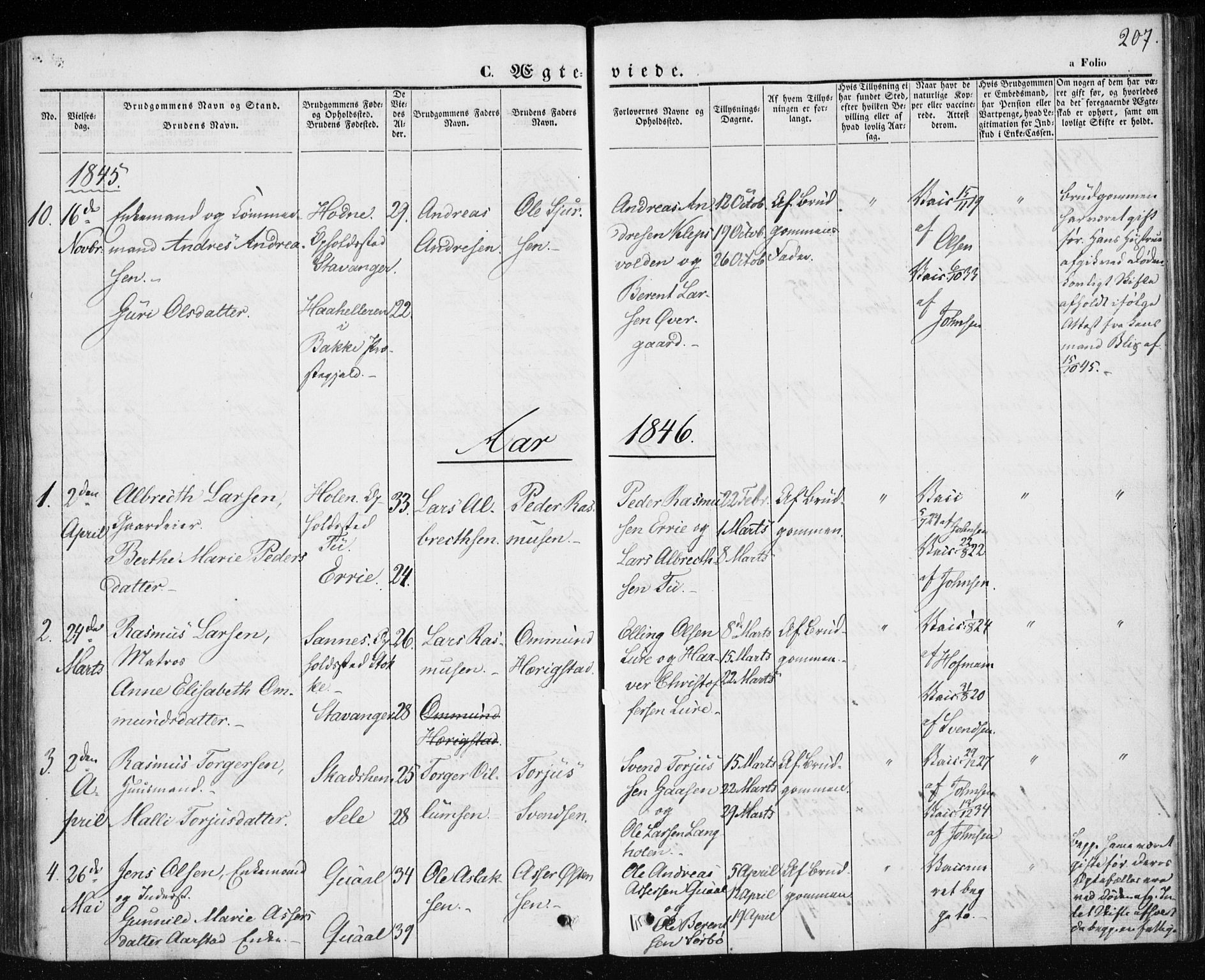 Klepp sokneprestkontor, SAST/A-101803/001/3/30BA/L0004: Parish register (official) no. A 4, 1842-1852, p. 207