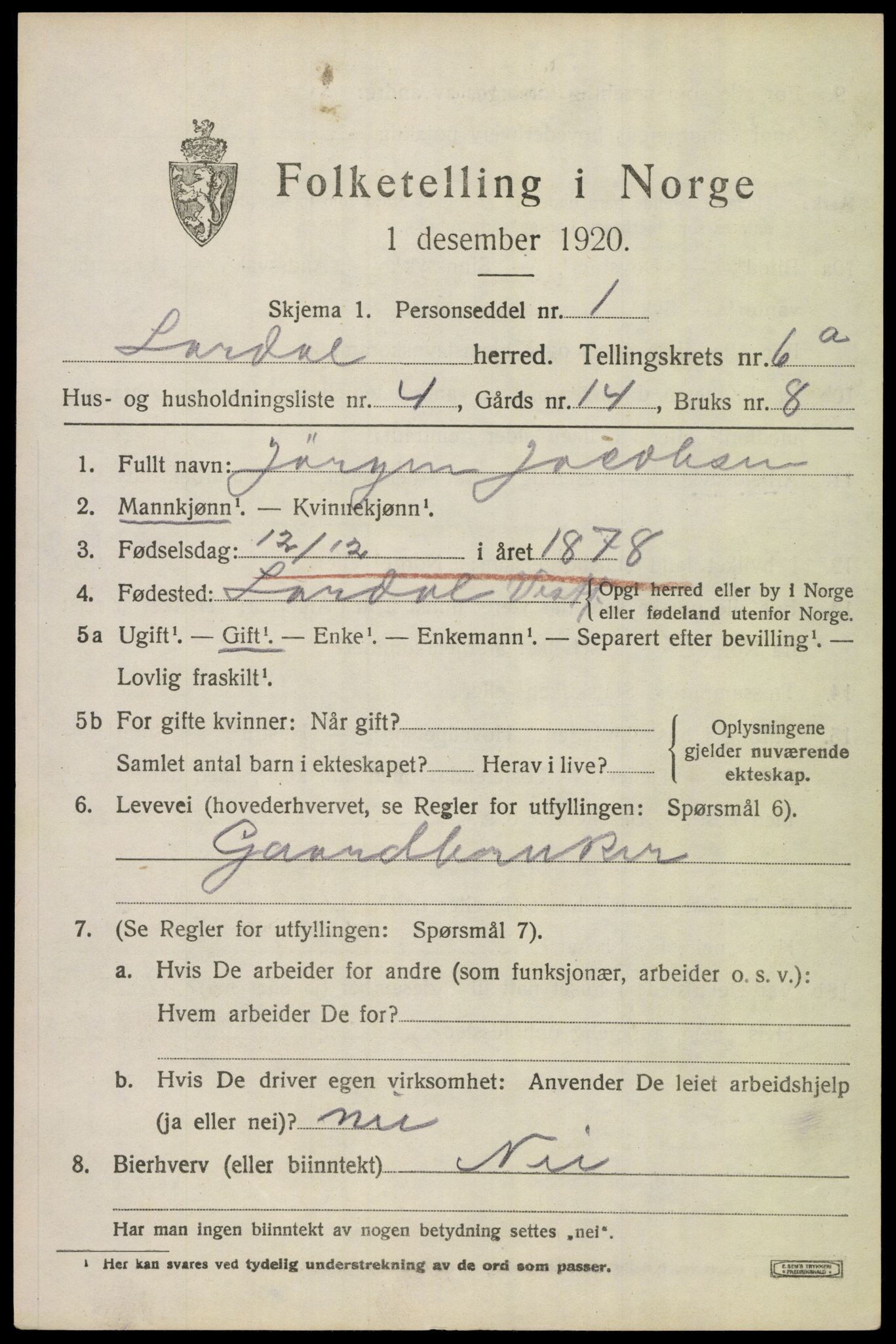 SAKO, 1920 census for Lardal, 1920, p. 5573