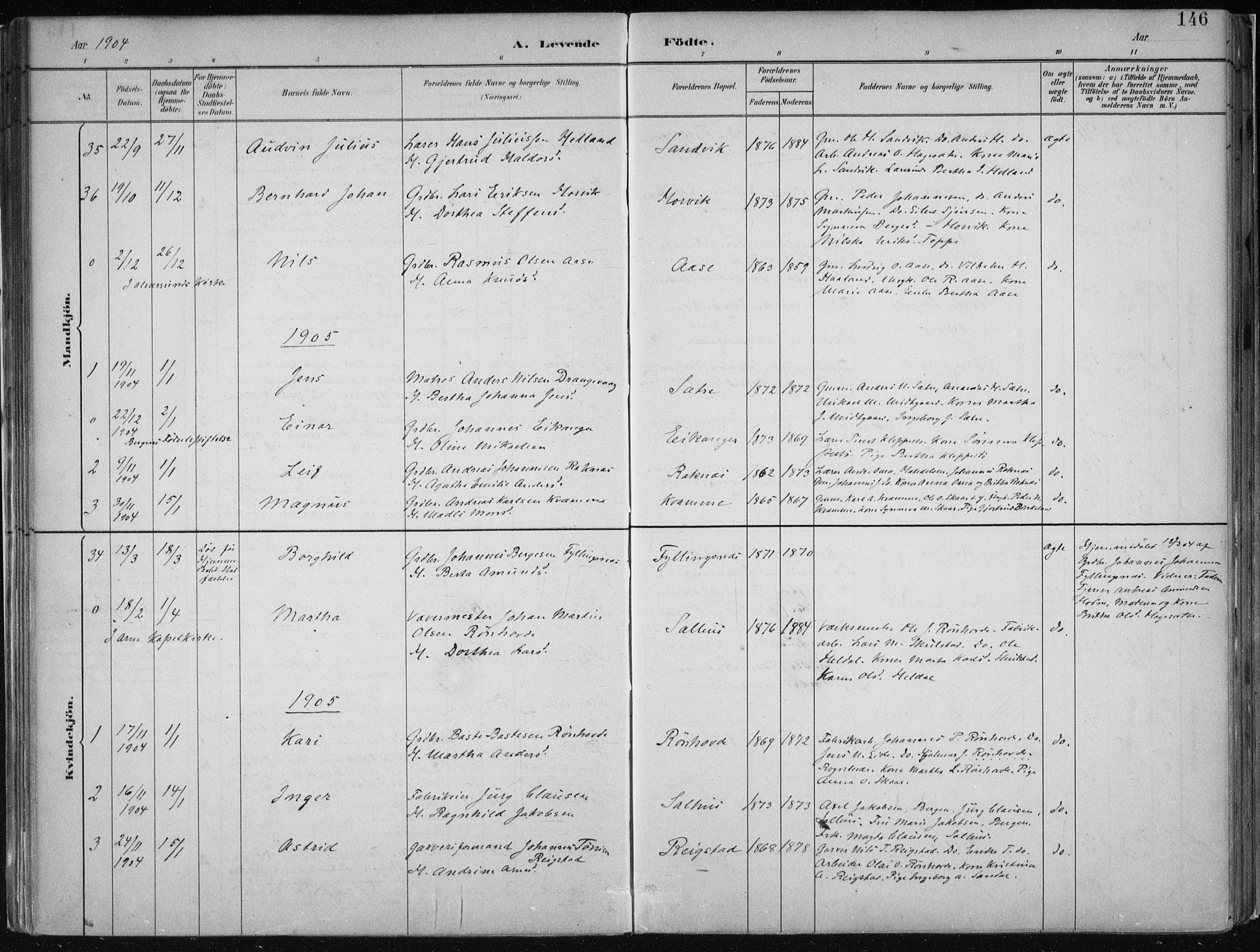 Hamre sokneprestembete, SAB/A-75501/H/Ha/Haa/Haab/L0001: Parish register (official) no. B  1, 1882-1905, p. 146