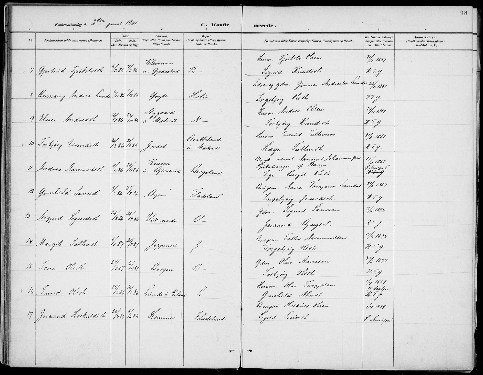 Fyresdal kirkebøker, SAKO/A-263/F/Fa/L0007: Parish register (official) no. I 7, 1887-1914, p. 98