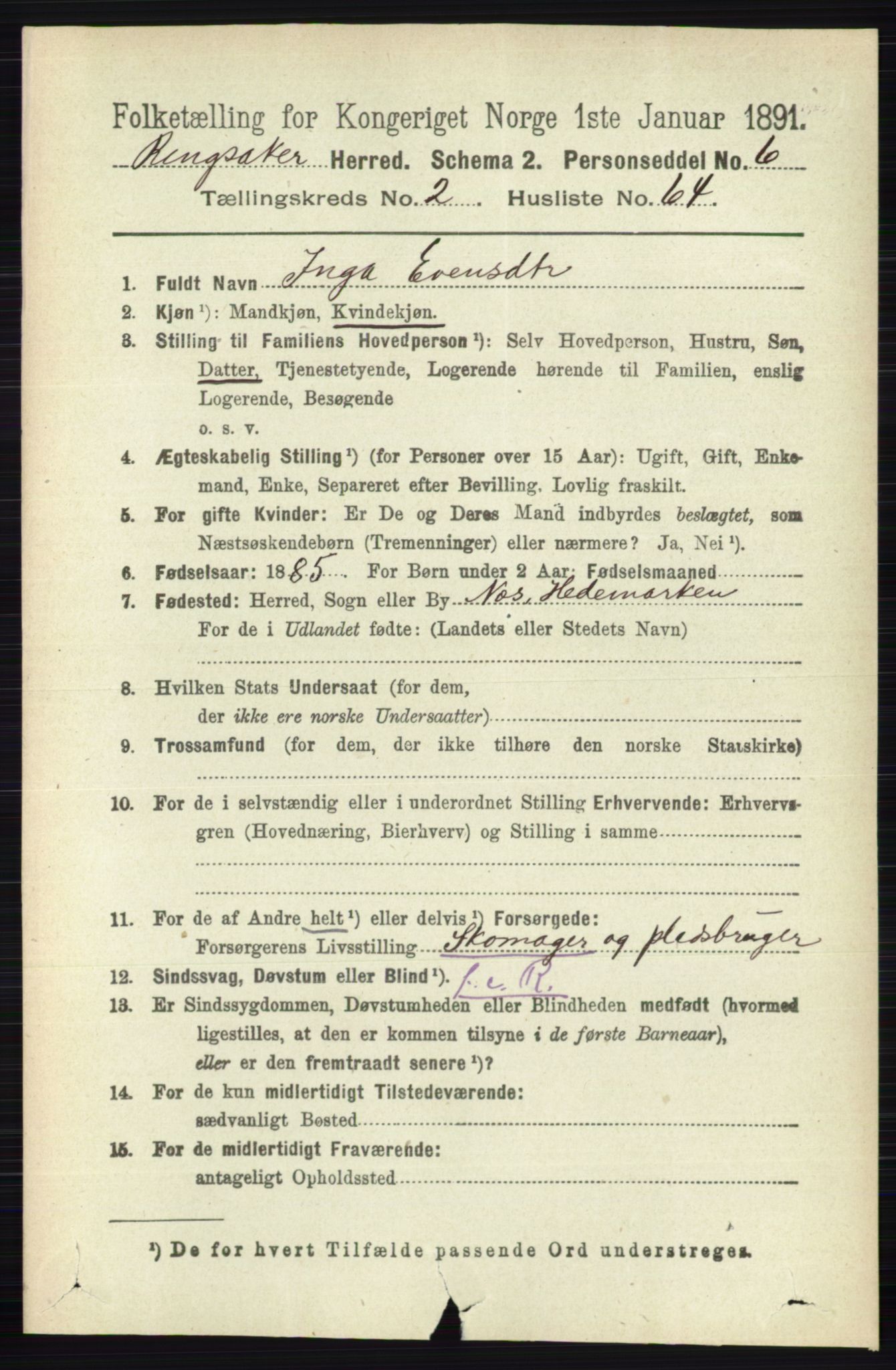 RA, 1891 census for 0412 Ringsaker, 1891, p. 1157