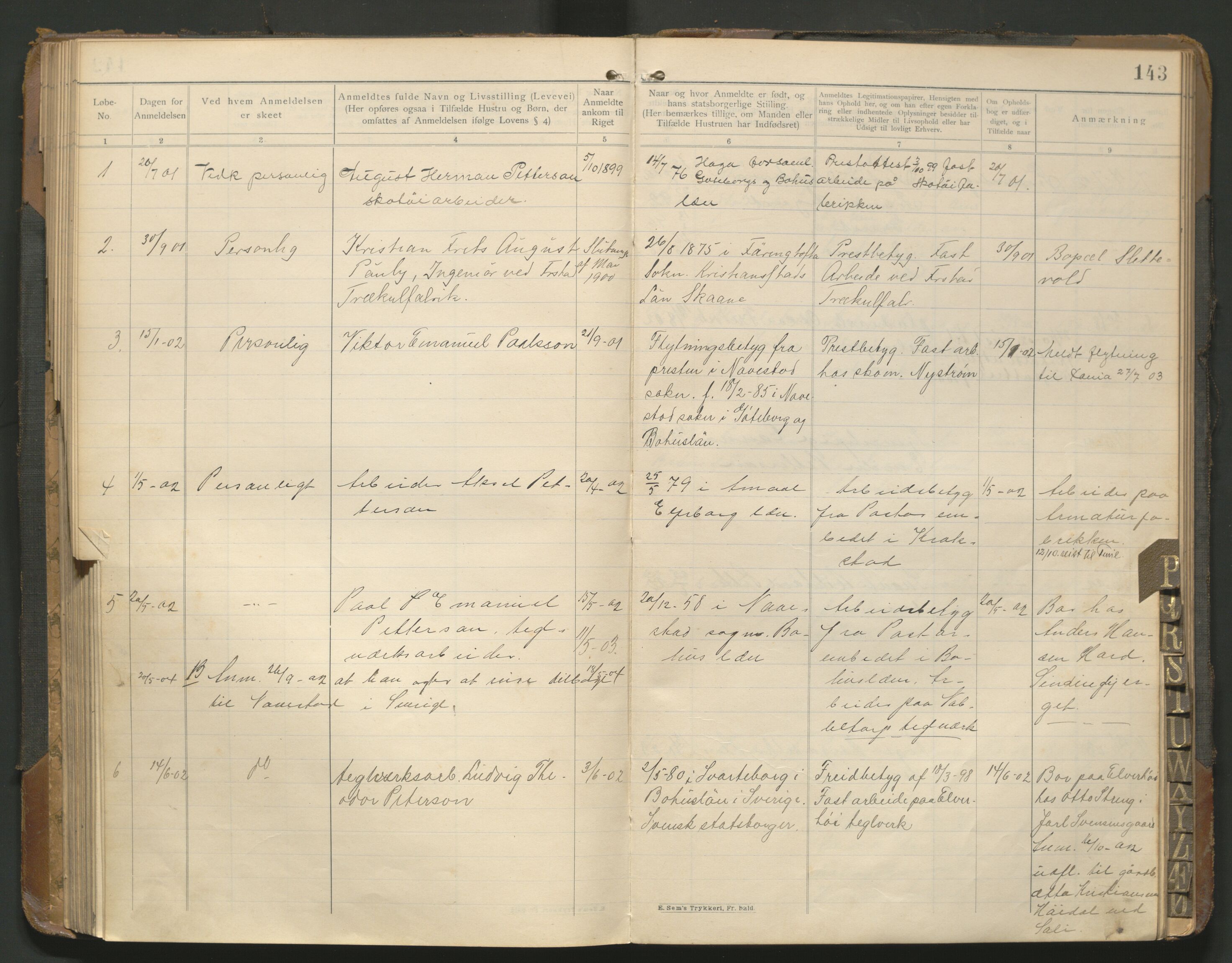 Fredrikstad politikammer, AV/SAO-A-10055/H/Hb/Hba/L0001: Protokoll over fremmede statsborgere, 1901-1916, p. 142b-143a