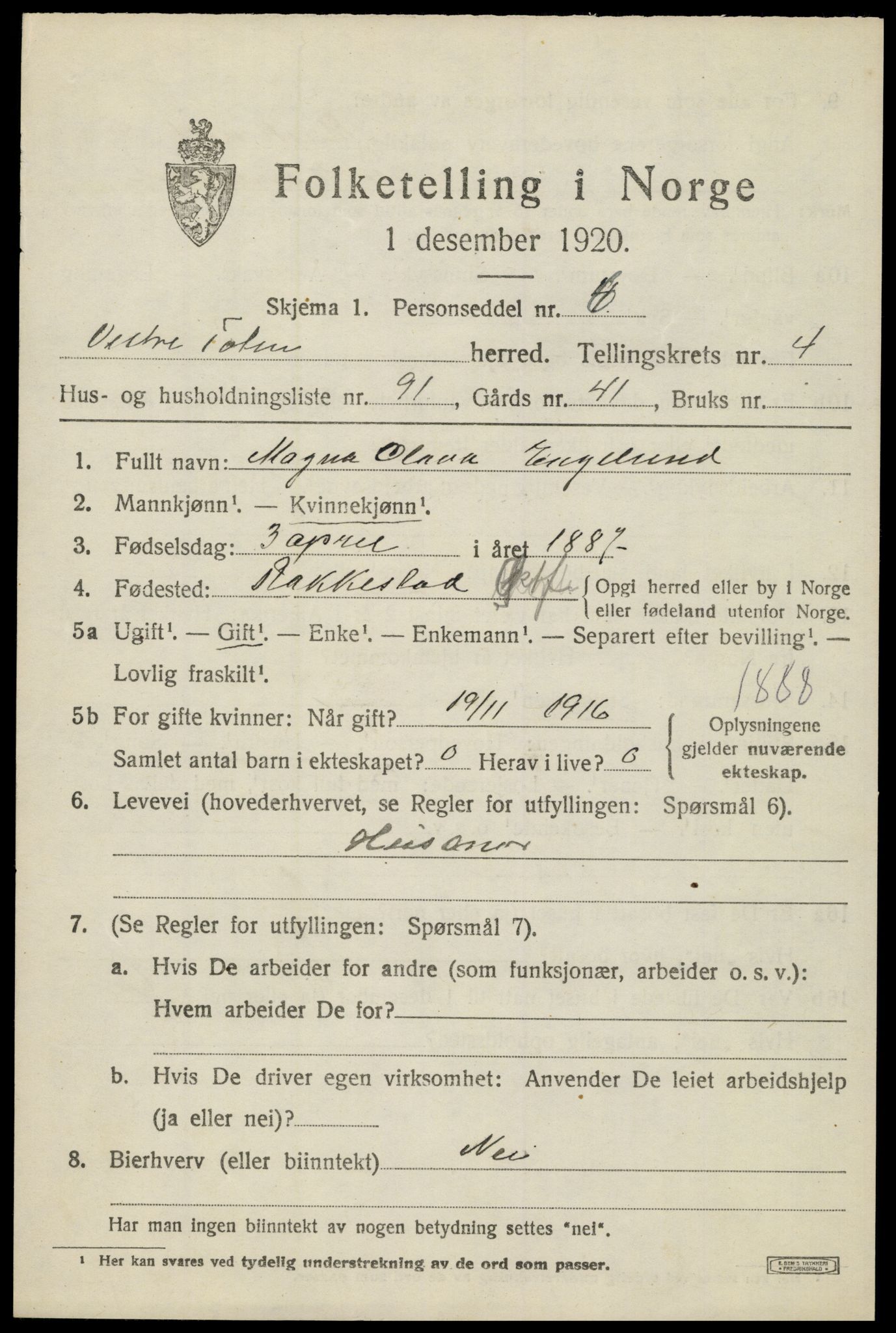 SAH, 1920 census for Vestre Toten, 1920, p. 7284